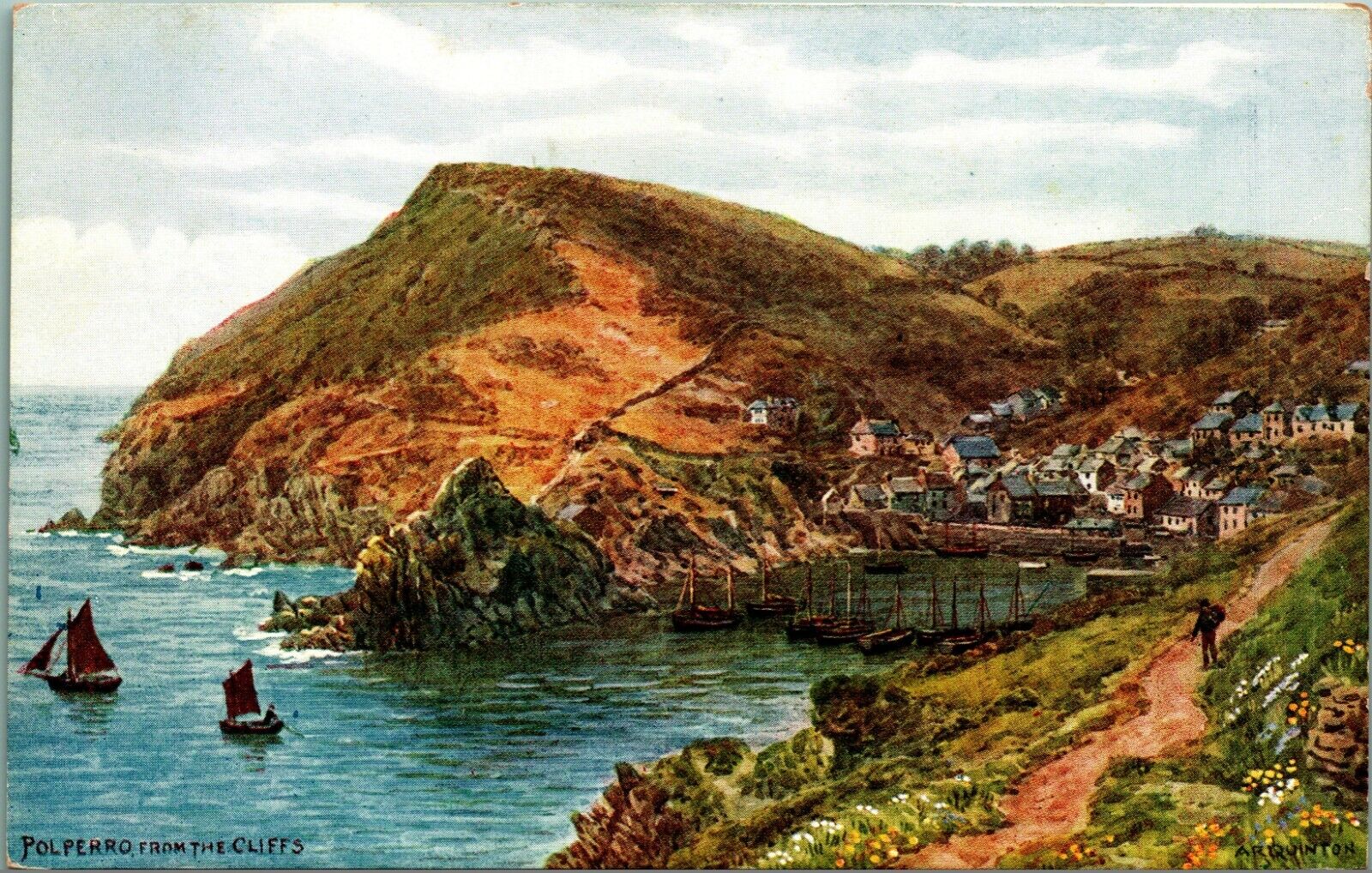 A R Quinton Watercolor Polperro From the Cliffs England UK UNP  DB Postcard B10