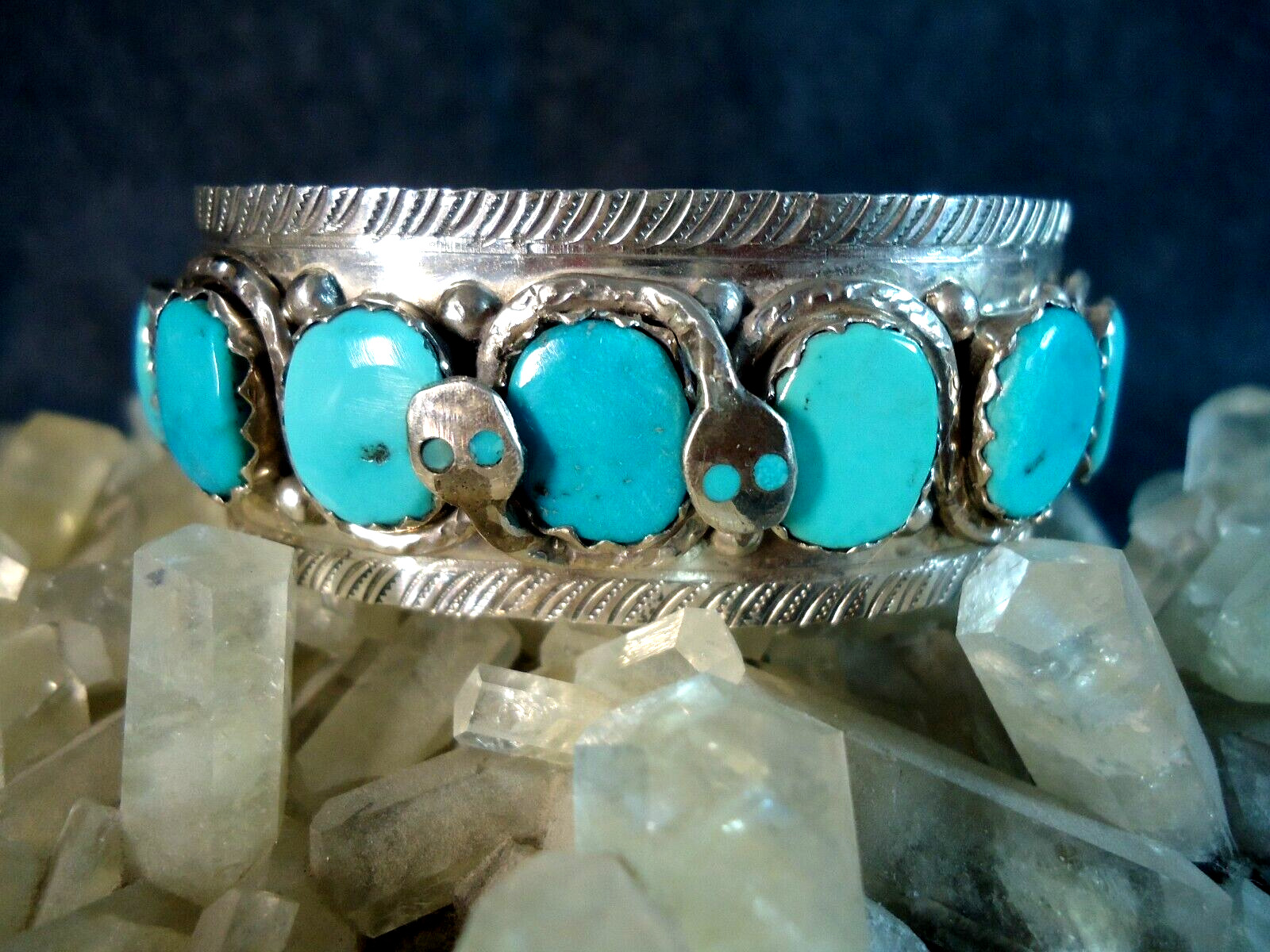 Effie Calavaza Sterling Silver Cuff Bracelet w/ 2 Snakes & 7 Turquoise Cabs, 62g