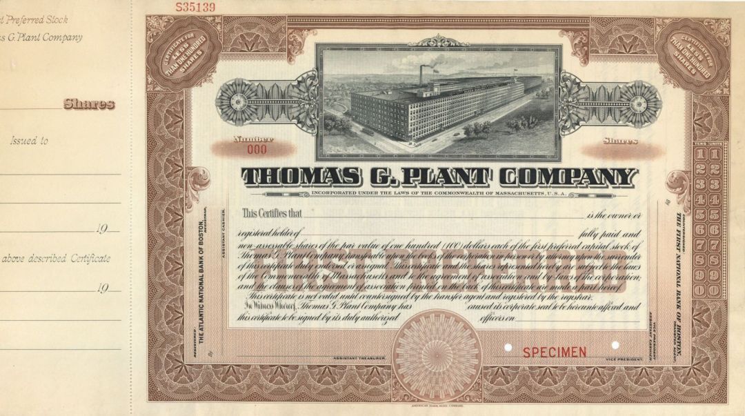 Thomas G. Plant Co. - Specimen Stock Certificate - Specimen Stocks & Bonds