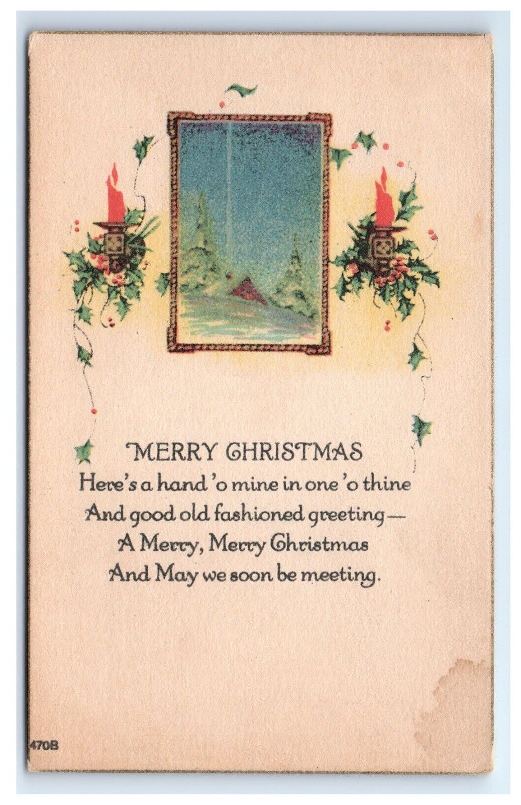 Postcard Merry Christmas window/mirror between candles holly 1922 D12