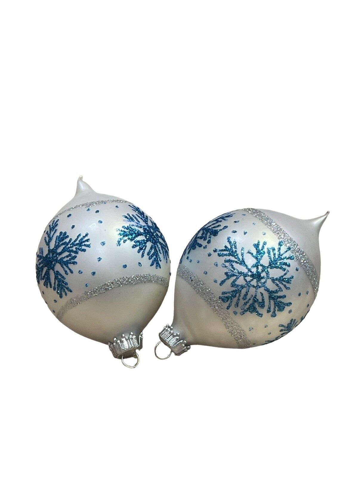 Christmas ornaments Set of 2 White glass with blue glitter snowflakes