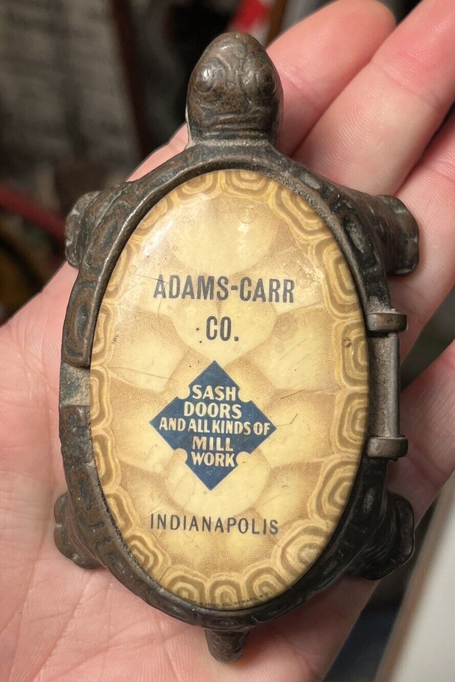 Antique Bronze Turtle Celluloid Advertising Box Mirror Paperweight Adams-Carr