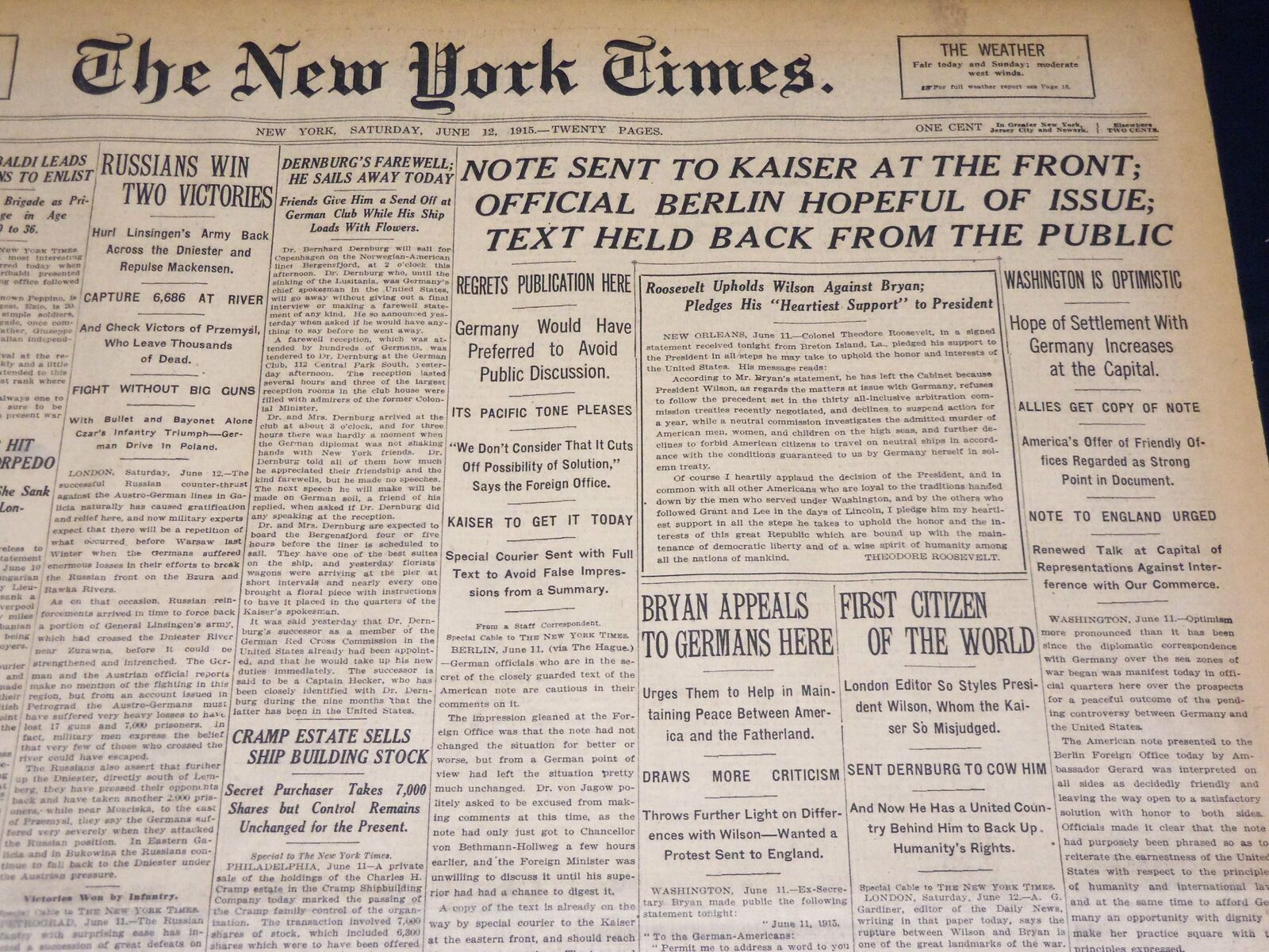 1915 JUNE 12 NEW YORK TIMES - NOTE SENT TO KAISER AT THE FRONT - NT 7700