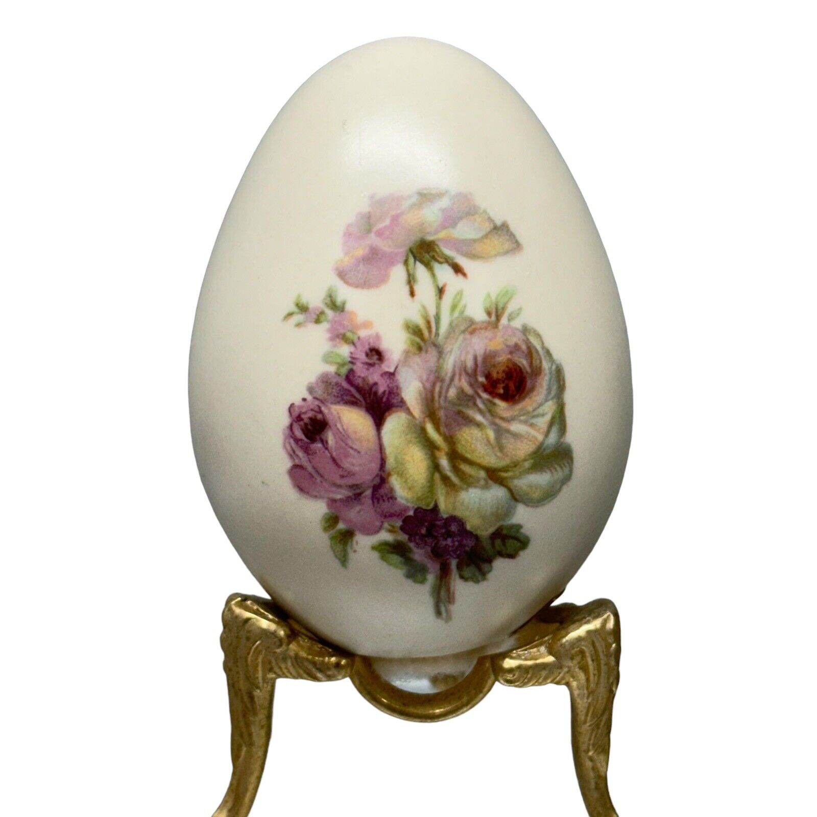 Vintage Eggzakly Porcelain Egg Floral Roses Handcrafted With Stand