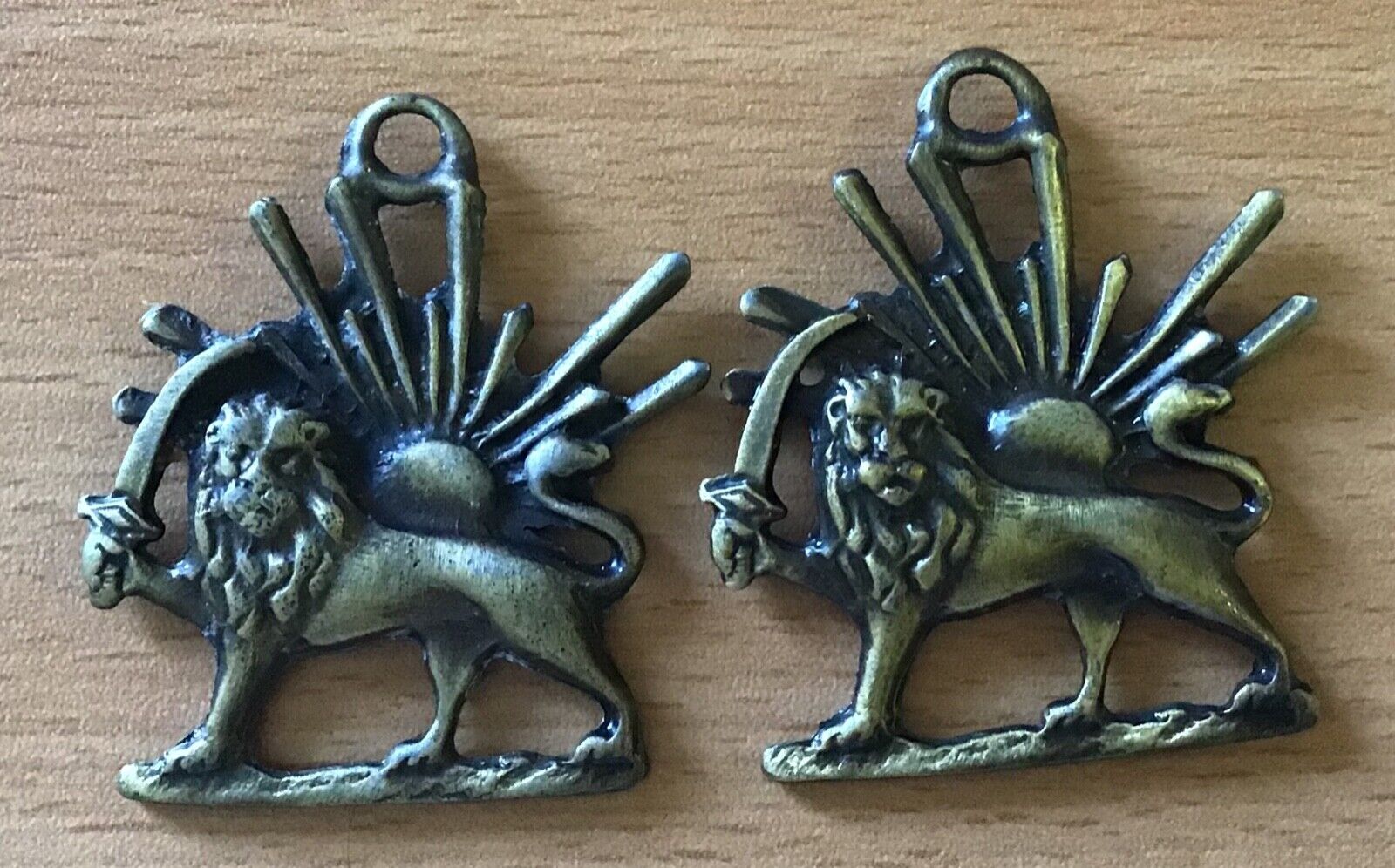 LOT 3,MIDDLE EAST,GROUP OF 2 x BEAUTIFUL BRONZE IMPERIAL SUN & LION PENDANTS.
