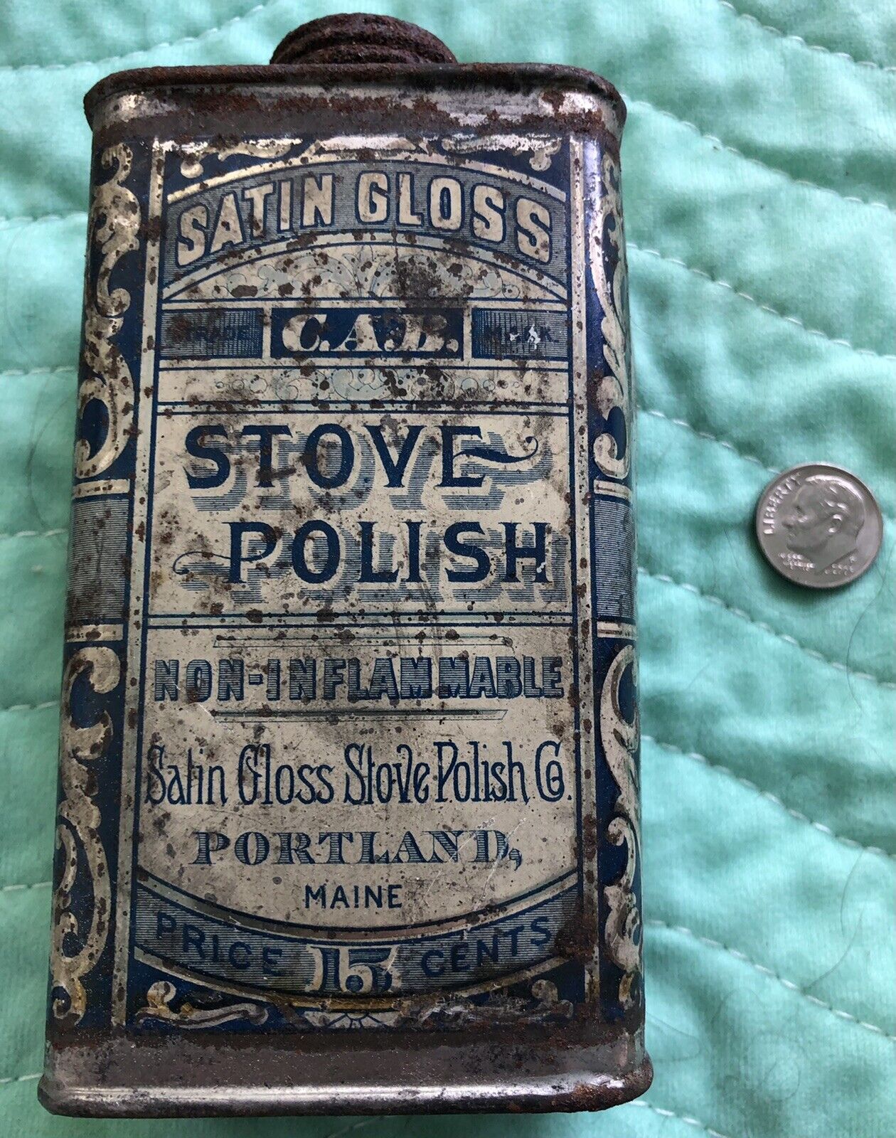 ESTATE FIND PORTLAND, MAINE-SATIN GLOSS C.A.B. STOVE POLISH TIN-15 CENTS Tin #1