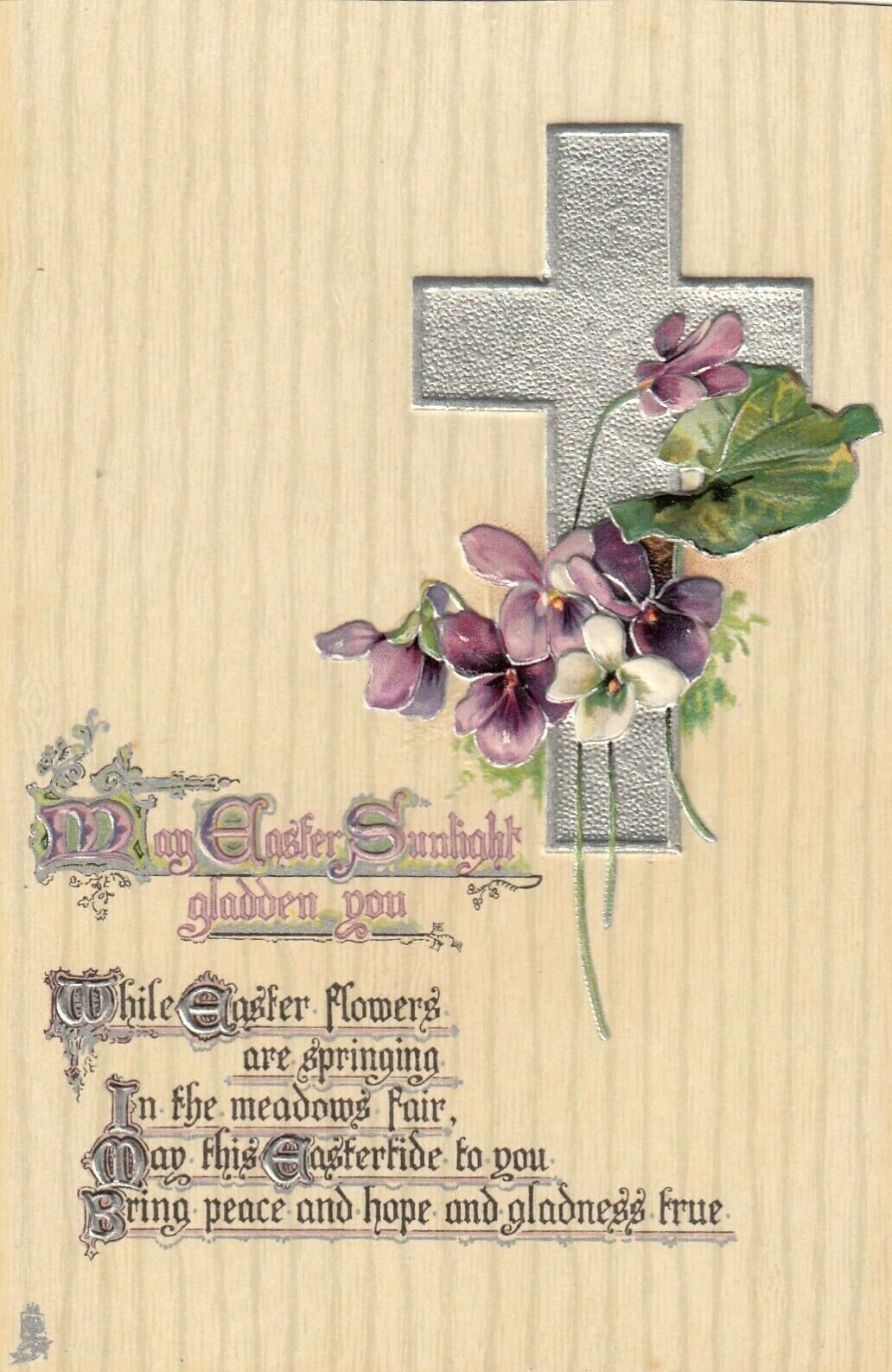 Vintage Easter Postcard  SILVER CROSS  FLOWERS  EMBOSSED  TUCK\'S   UNPOSTED