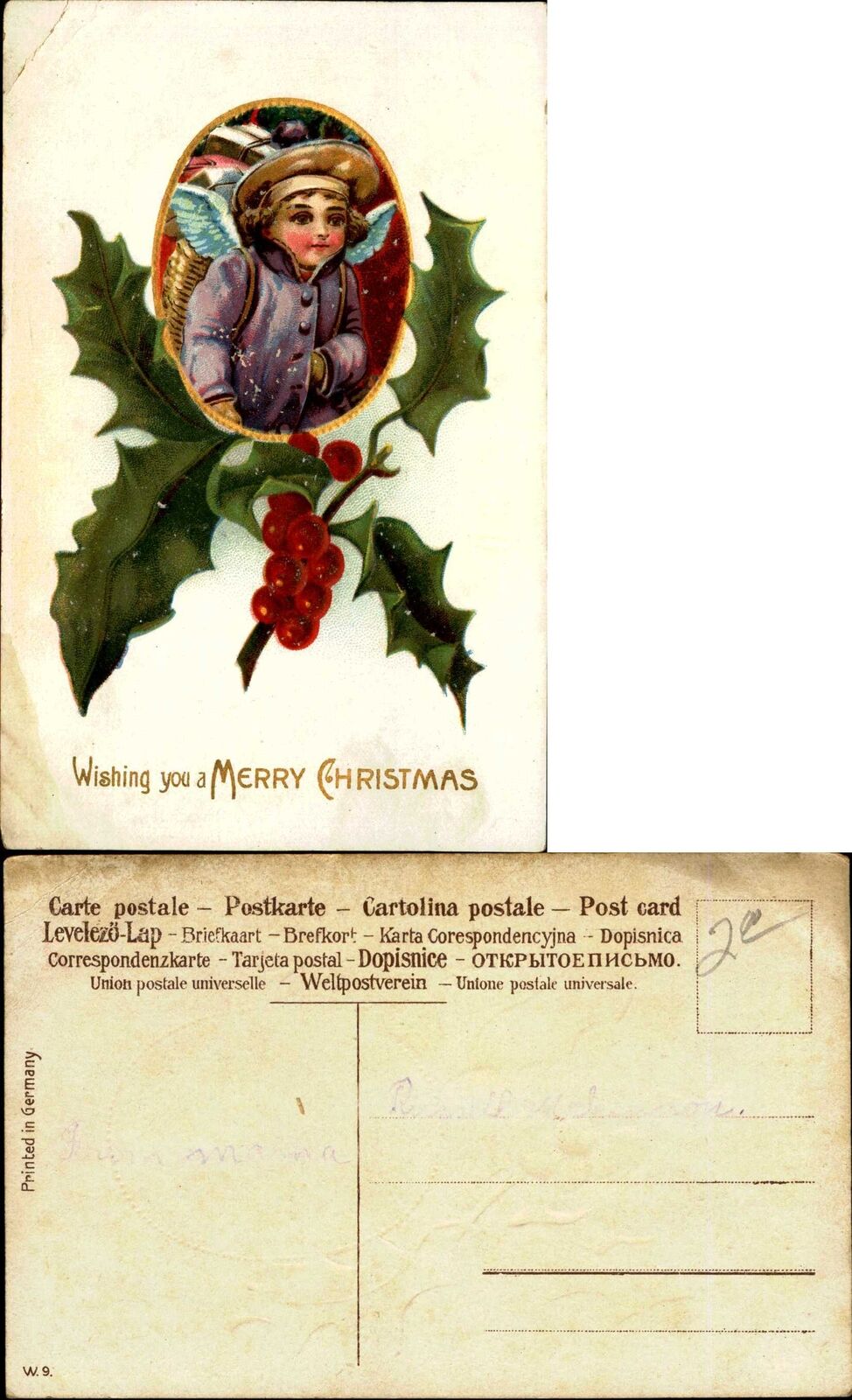 Christmas angel wings purple coat boy holly ~ c1910 postcard Germany