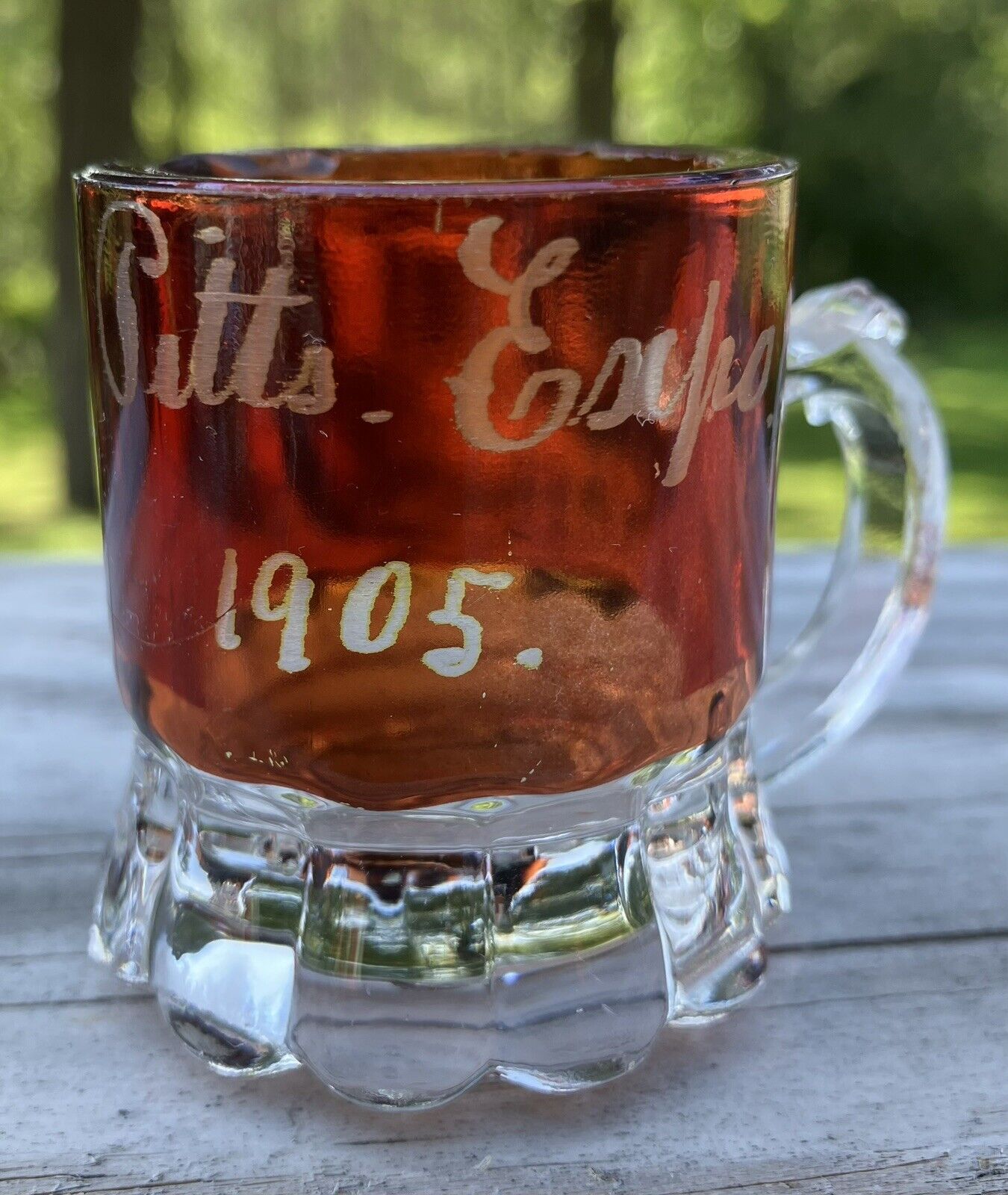 Antique Rare 1905 Pittsburgh PA Exposition Ruby Red Glass Mini Mug Souvenir