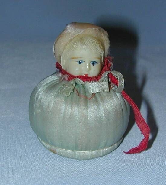 Antique Pincushion Celluloid Baby\'s Head Stuffed Dress