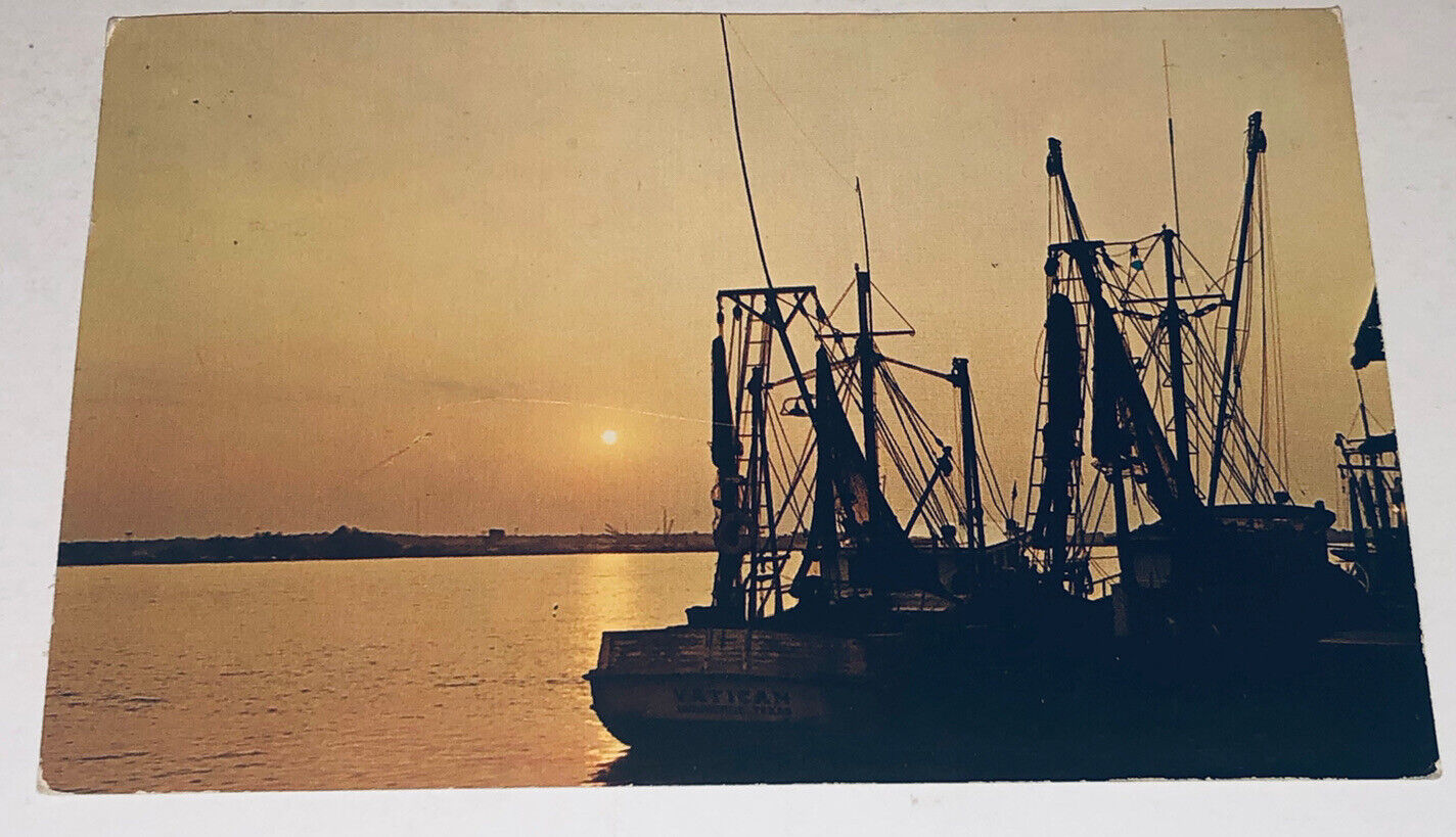 Shrimp Boats At Sunset Chrome Postcard U17