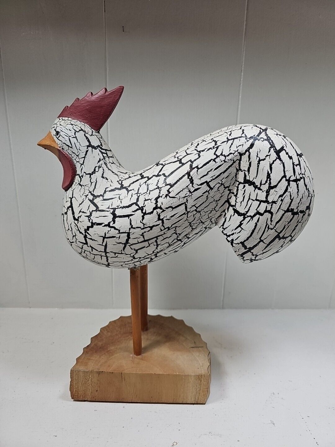 Vtg Handcrafted Wooden Rooster Country Decor White Black 13”T X 12”L Wood Base