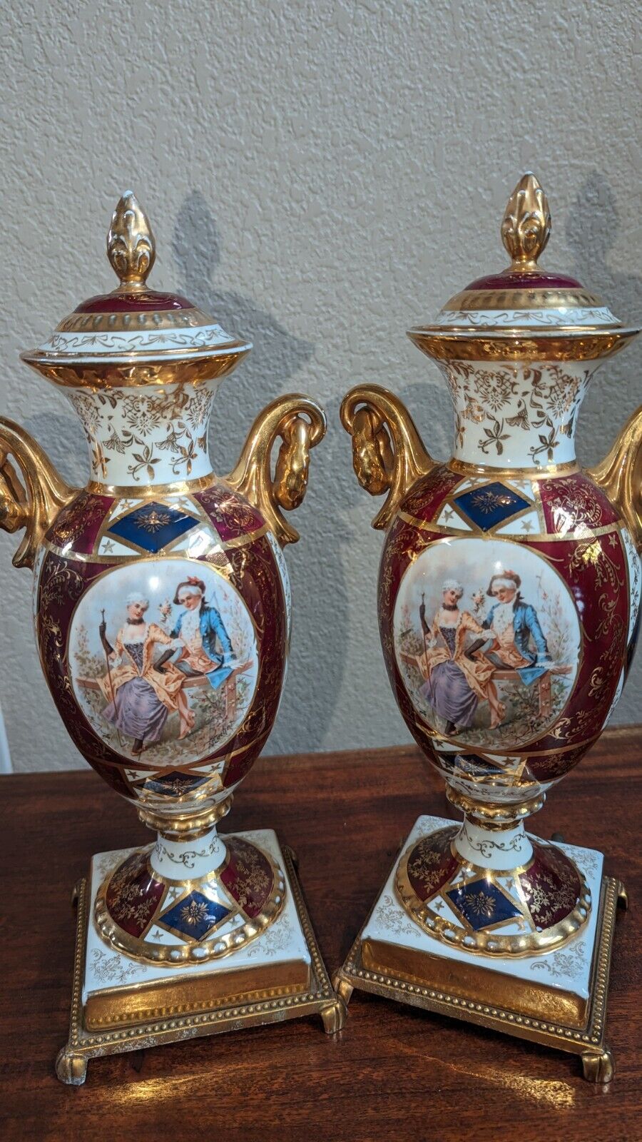Rare Pair Early Czechoslovakian Porcelain Victoria Urn Lamps Handpainted 24k 