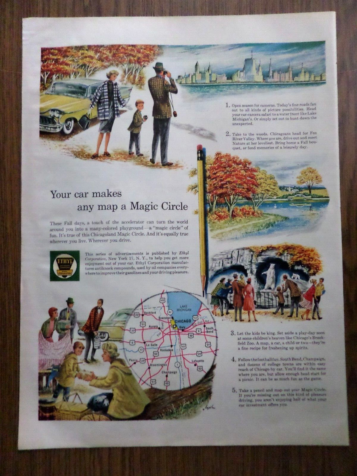 1959 Ethyl Gasoline Ad Magic Circle Lake Michigan Picnics Brookfield Zoo Chicago