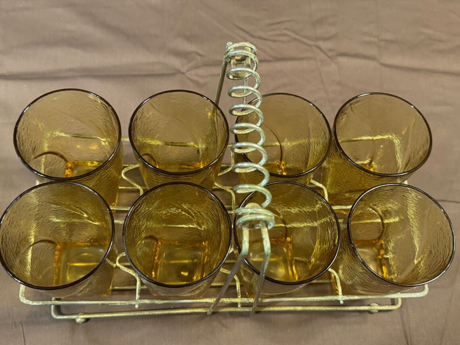 Vintage antique mid-century modern MCM Gold 8 glass set with caddy