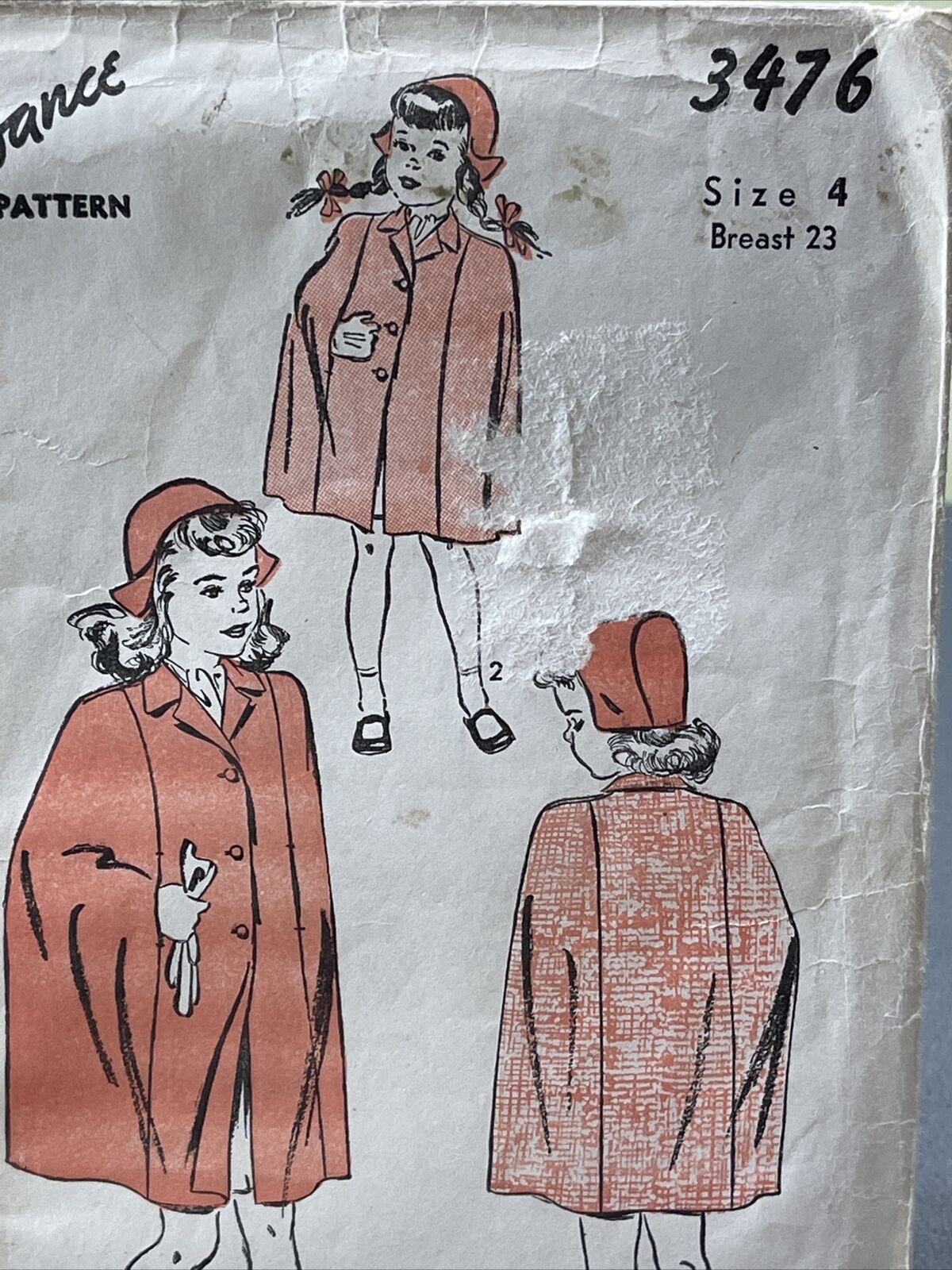 Buttoned Cape and Hat Vintage 1943 Advance 3476 Sewing Pattern Girls Sz 4