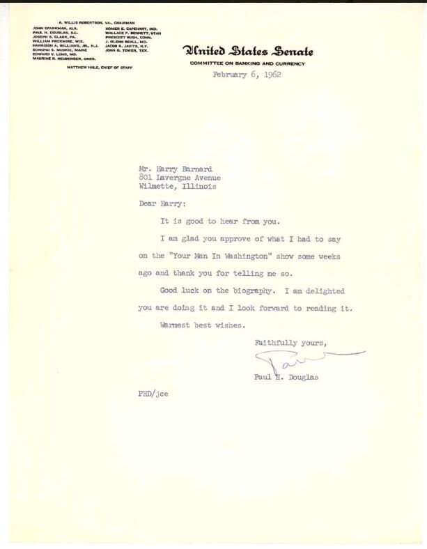 SIGNED U.S. Senator Paul H. Douglas Signed Personal Letter February 6, 1962