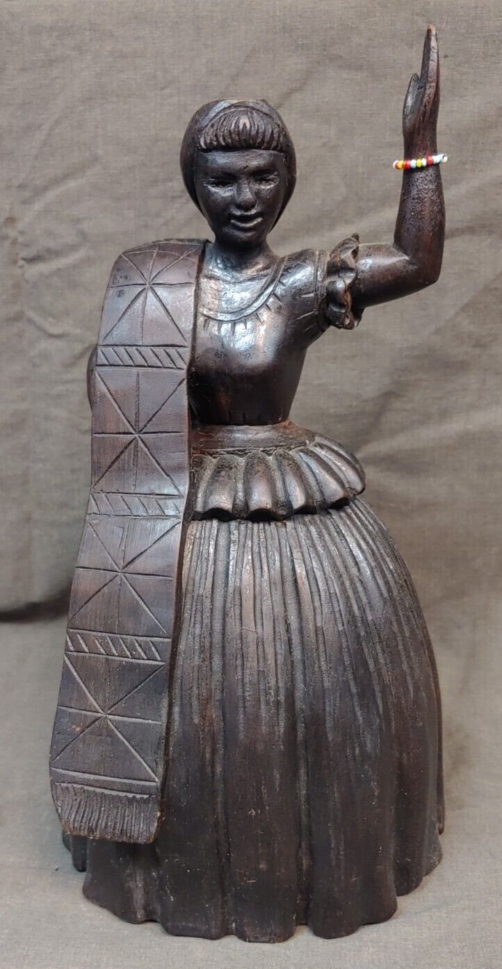 Old Vintage Hand Carved Artist Signed Souza Rio Woman Figure Wood Carving Brazil