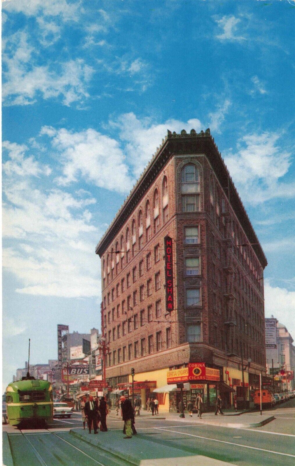1950s Green Trolley & Street Signs Shaw Hotel San Francisco California Postcard