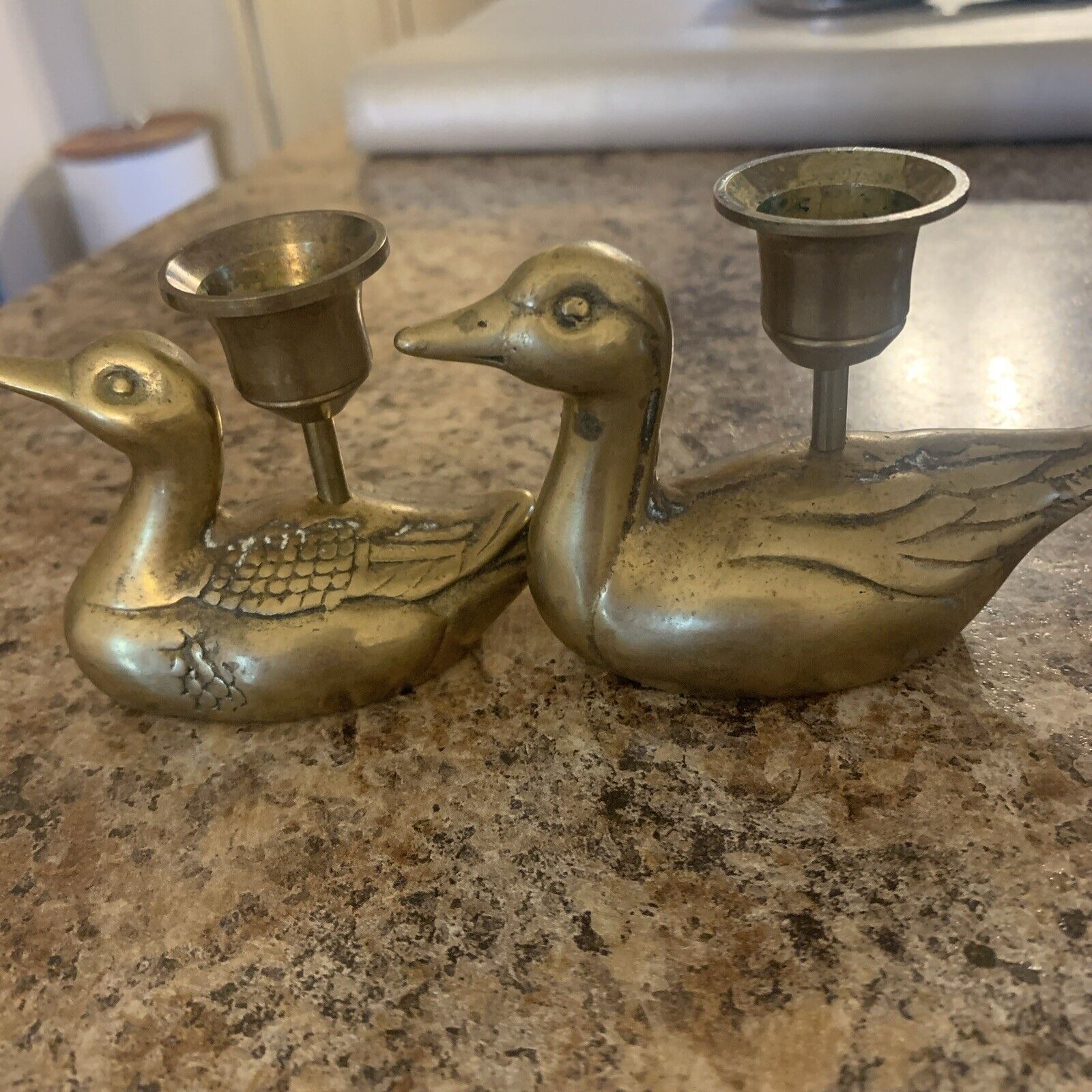 2 Solid Brass Duck Candleholders, Enesco Brass Bird Taper Candlestick Holders