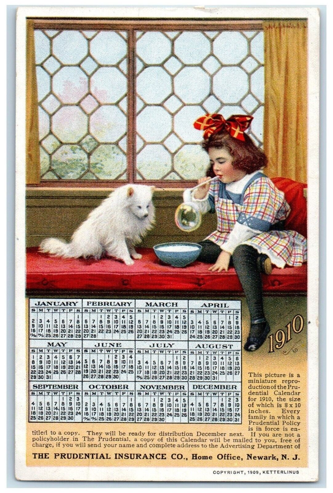 1910 Little Girl Playing Bubble Pomeranian Dog Calendar Antique Postcard