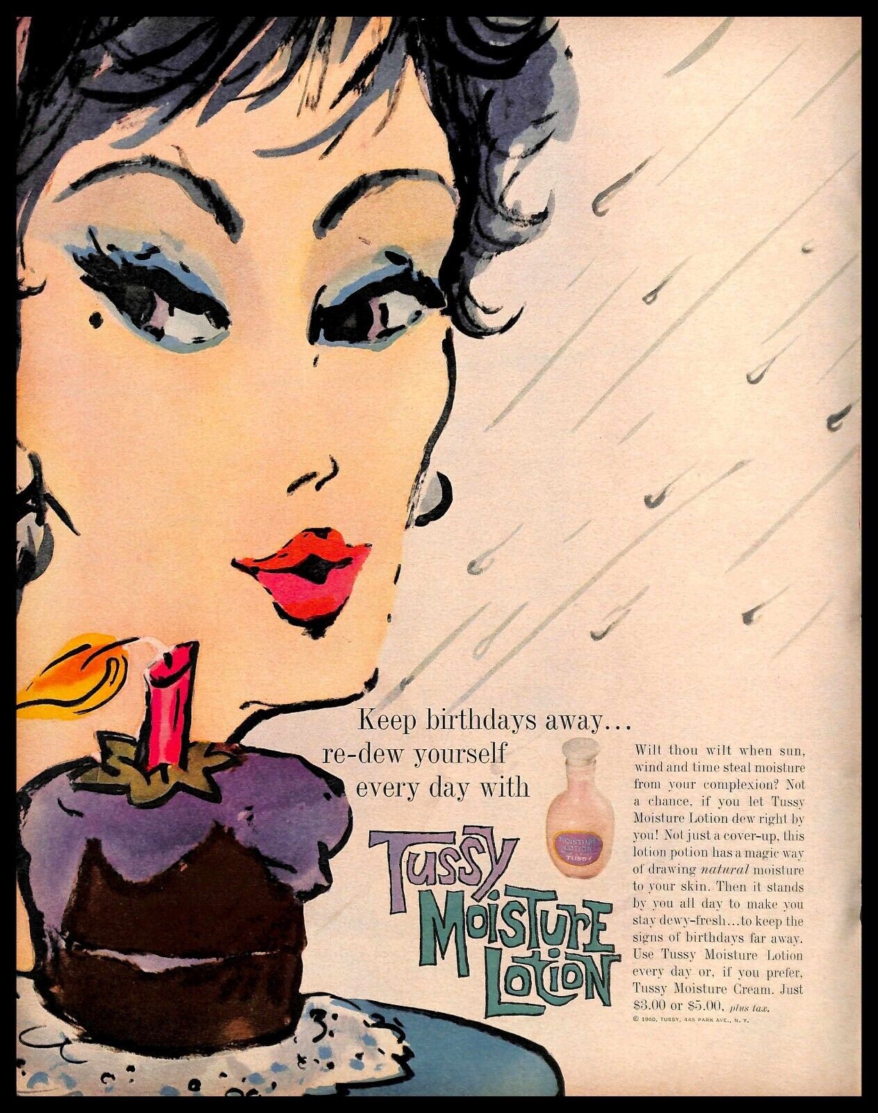 1961 Tussy Moisture Lotion Vintage PRINT AD Skincare Birthday Cake Art Glamour