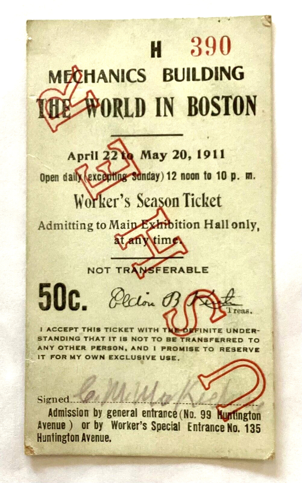 RARE BOSTON, MASS 1911 MECHANICS HALL, “WORLD IN BOSTON” USHERS SEASON TICKET