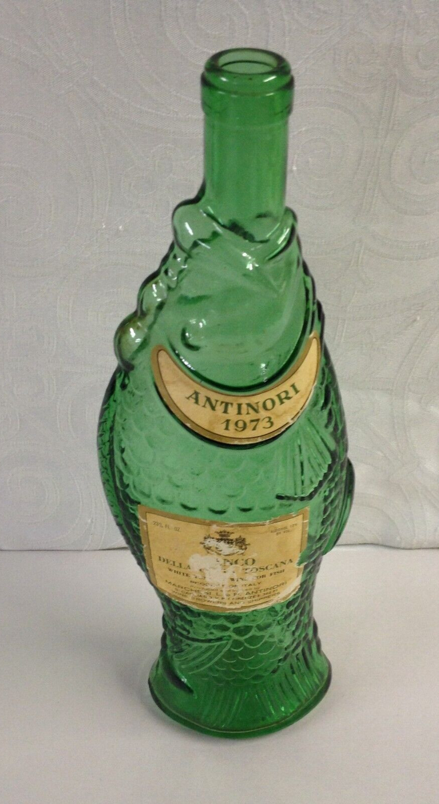 Vintage ANTINORI 1973 BIANCO ITALY Green FISH Glass Wine Bottle EMPTY 13\