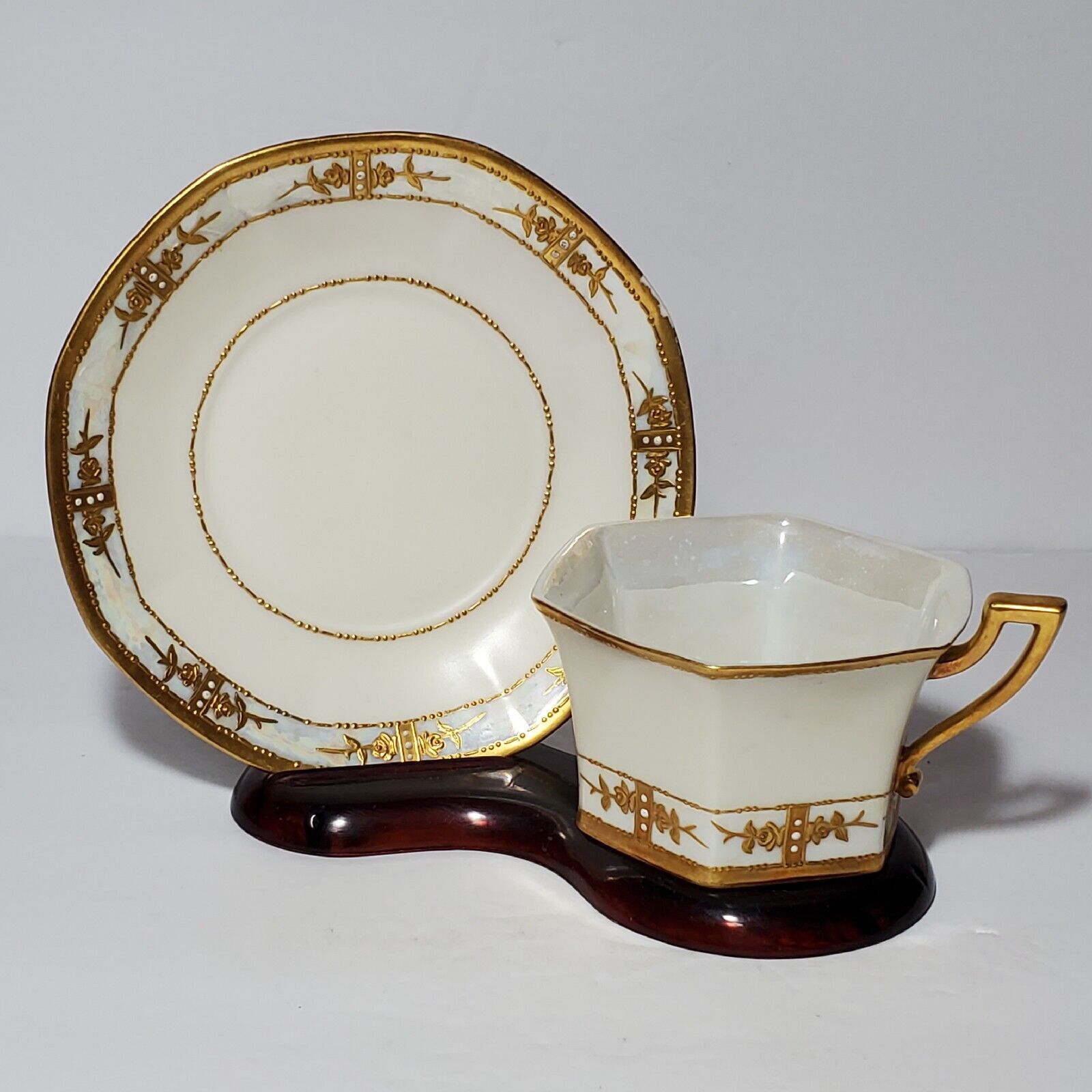 T&V Limoges Teacup and Saucer France White Gold Art Deco Vintage