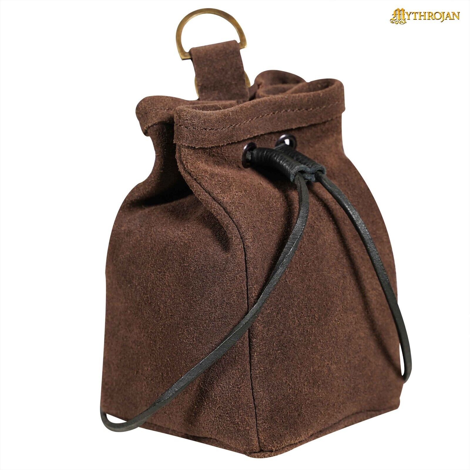 Medieval Leather Pouch Renaissance SCA Belt Bag Drawstring Closure Brown Suede