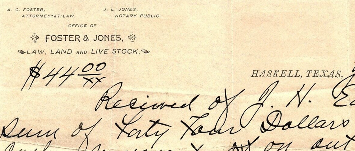 1901 HASKELL TEXAS FOSTER & JONES LAW LAND AND LIVE STOCK BILLHEAD RECEIPT Z5206