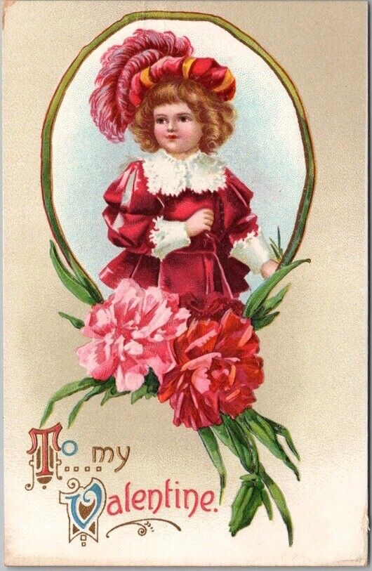 c1910s VALENTINE'S DAY Embossed Postcard Boy (?) w/ Pink & Red Carnations UNUSED