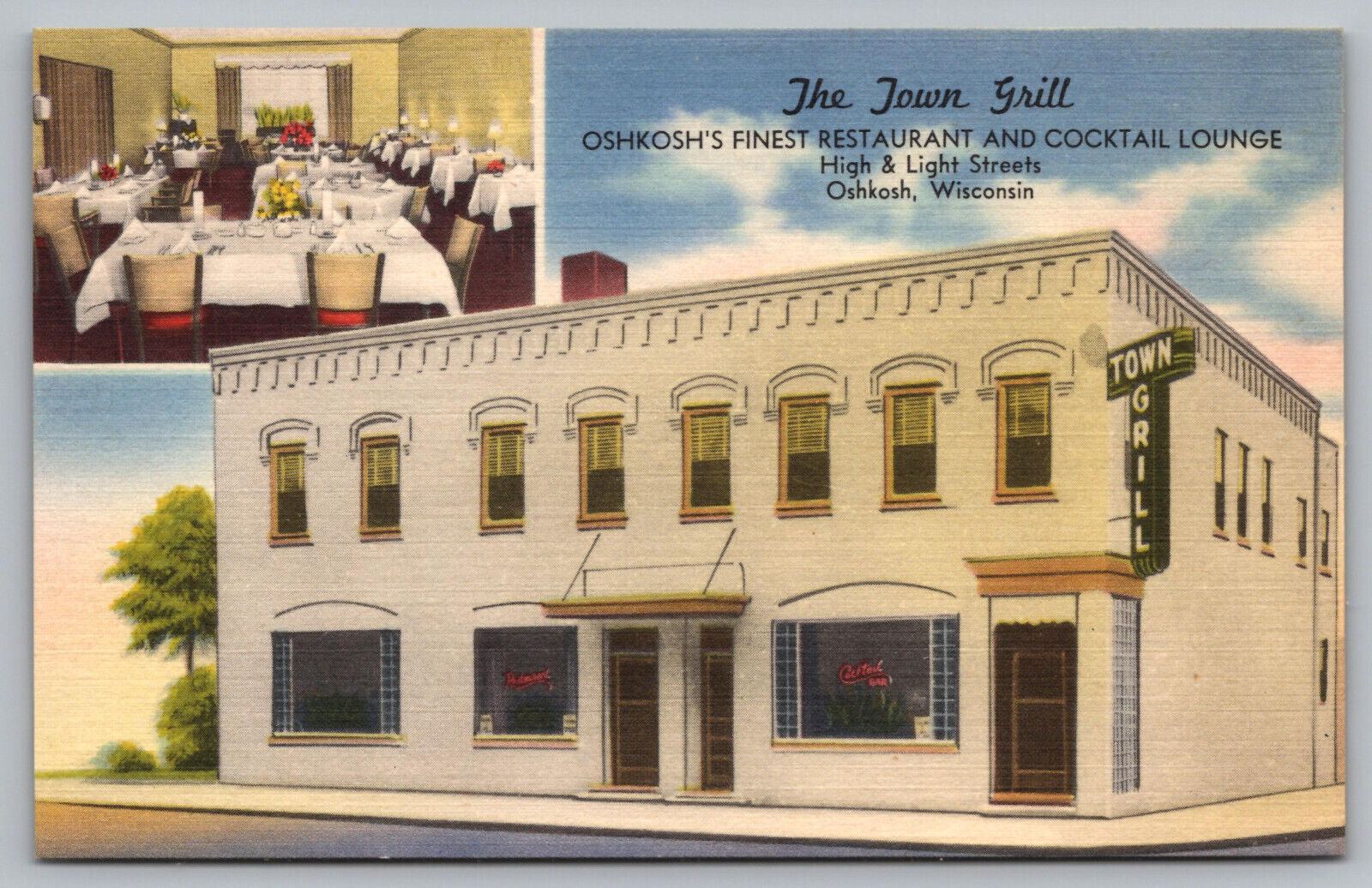 Oshkosh WI Wisconsin -  The Town Grill Restaurant - Linen Postcard circa 1940s