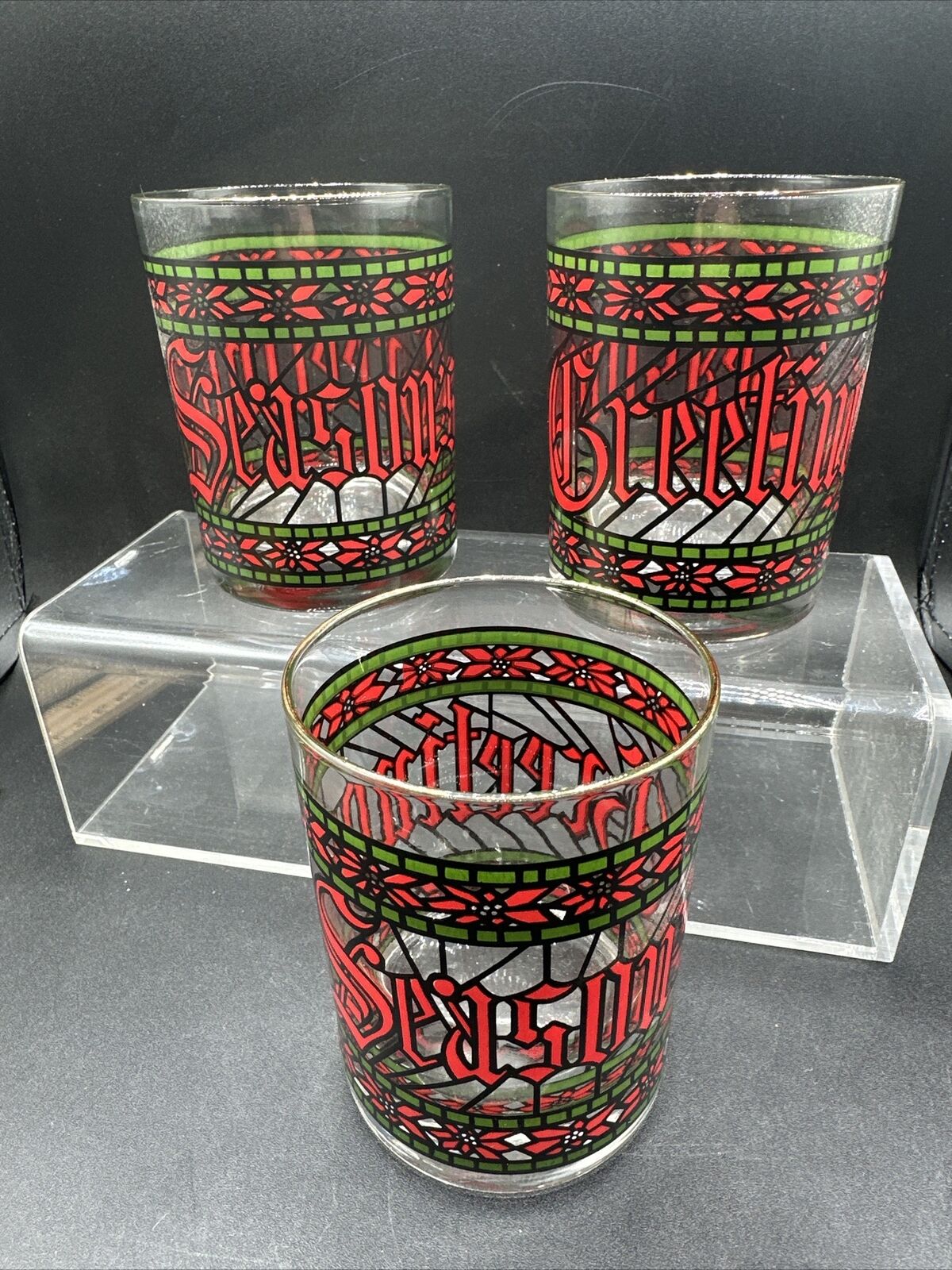Vintage Houze SEASON\'S GREETINGS Stained Glass Christmas Glassware Set Of 3
