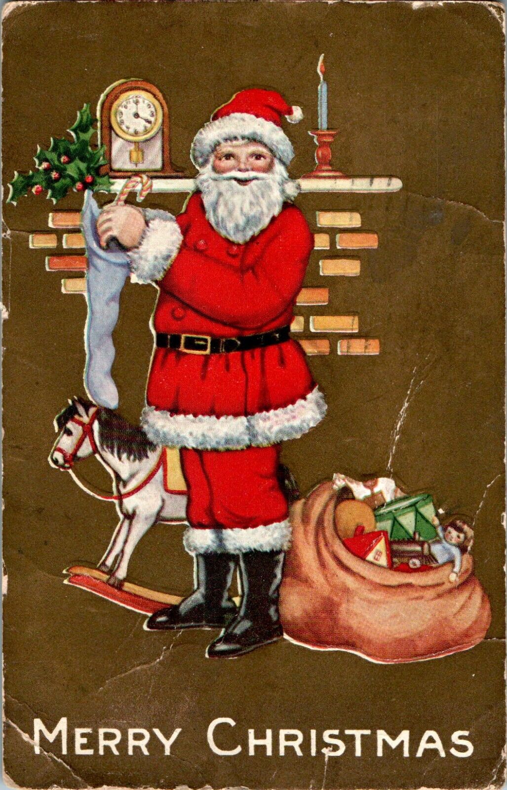 Merry Christmas, Rocking Horse, Mantle, Stockings, Toys 1931 Postcard
