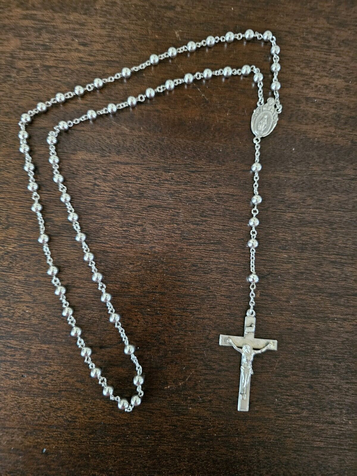 Vintage Sterling Silver Rosary Religious Jesus Crucifix Prayer Beaded Necklace 