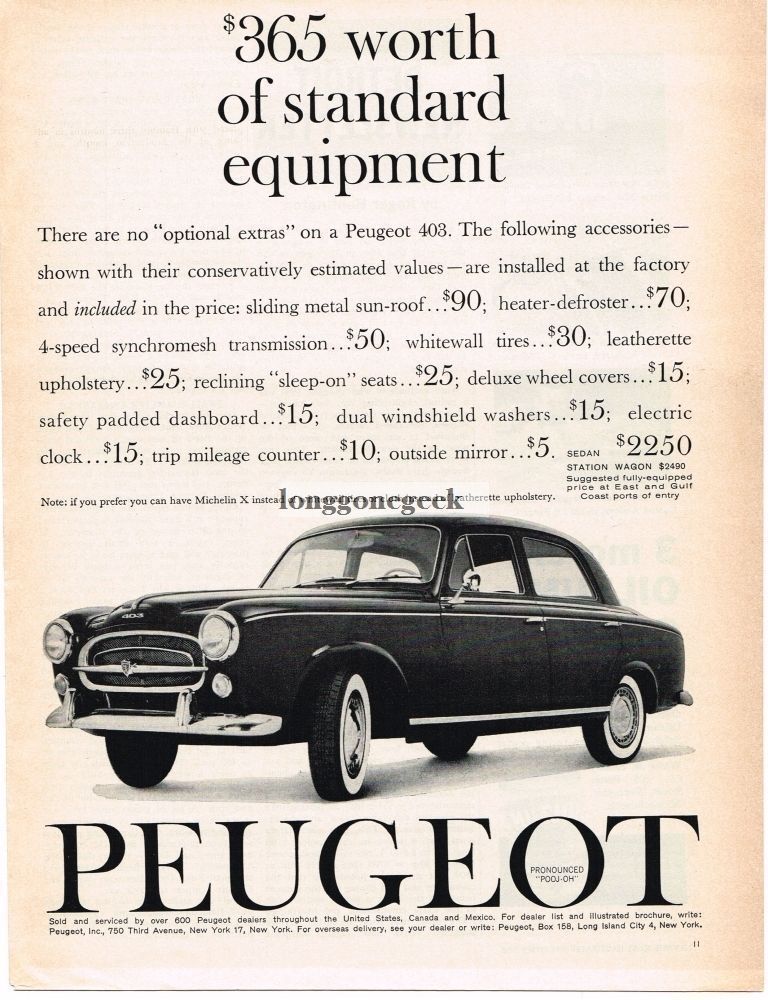 1960 Peugeot 403 Automobile Car Vintage Ad 
