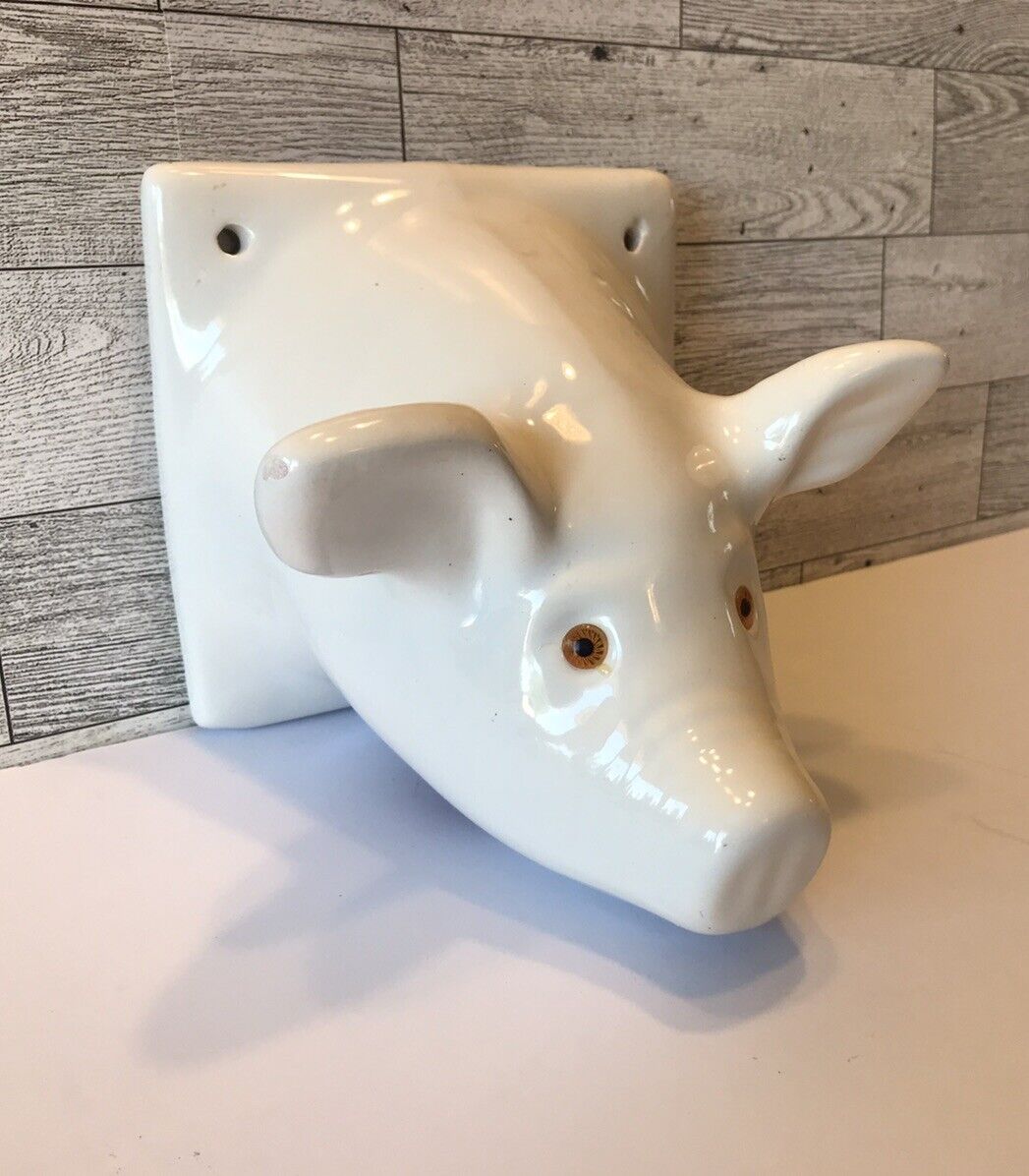 Vintage Lg. White Ceramic Pig Face Head Dish Towel / Apron Holder Hanger Hook