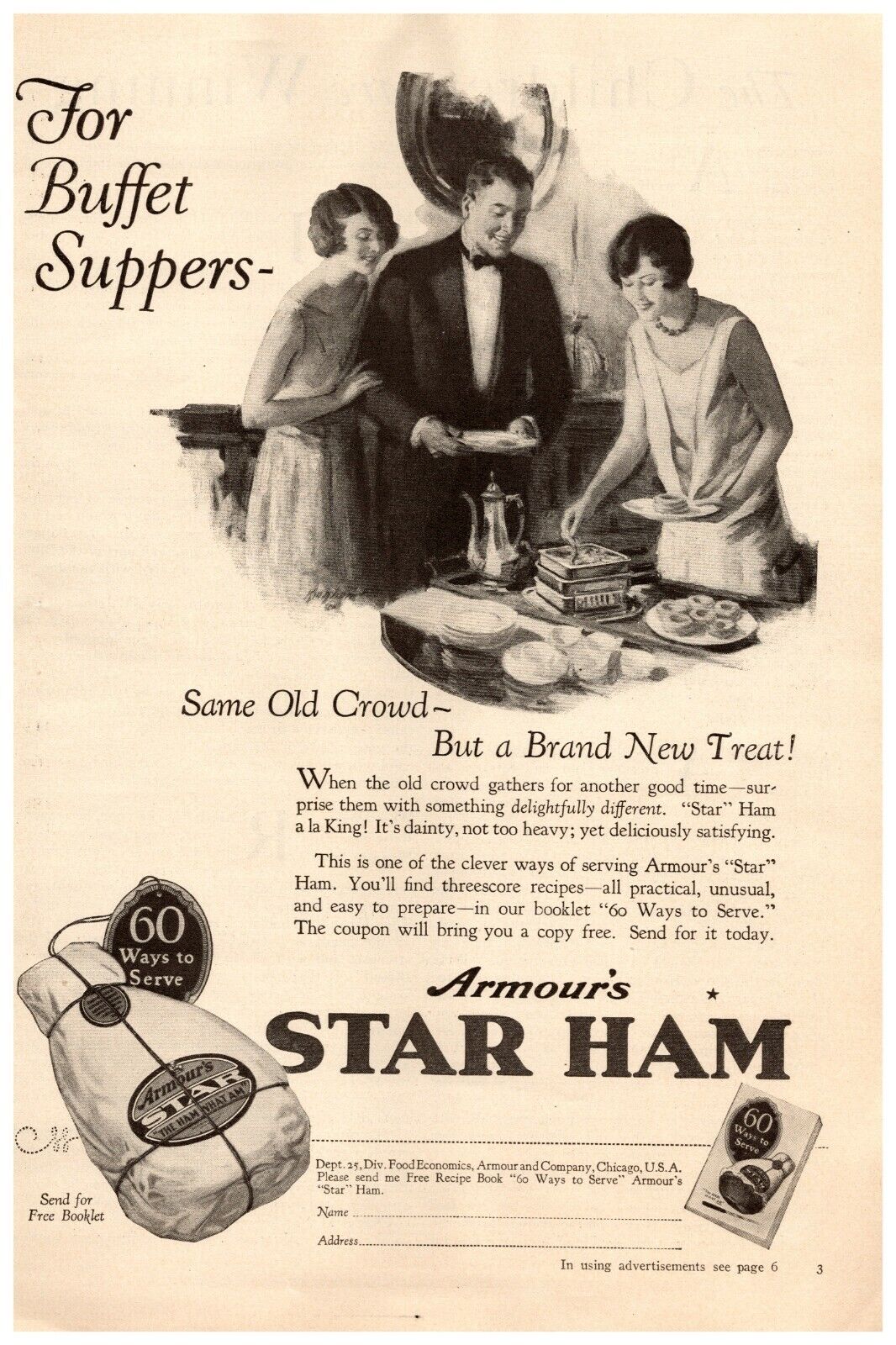 1926 Armour Star Ham Vintage Print Ad For Buffet Suppers Brand New Treat 