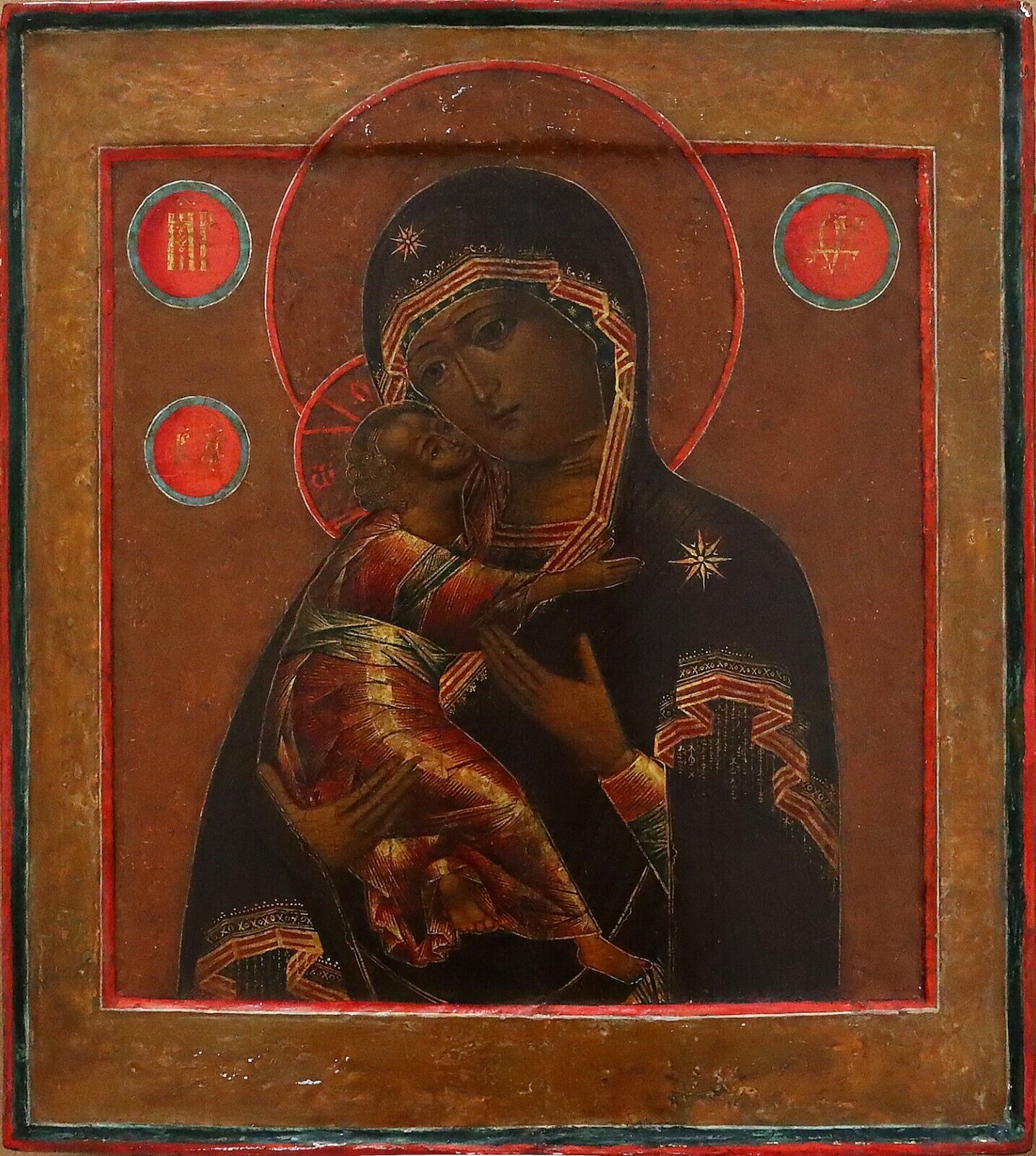 Antiques, Orthodox Russian icon: of Vladimirskaya Mother of God, ca 1700