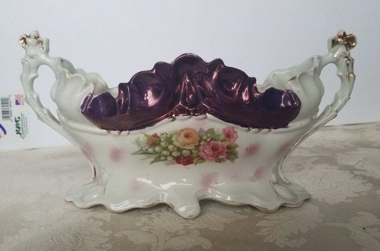 Vintage 1890s German Porcelain Purple Luster Console Planter Bowl  w Handles 