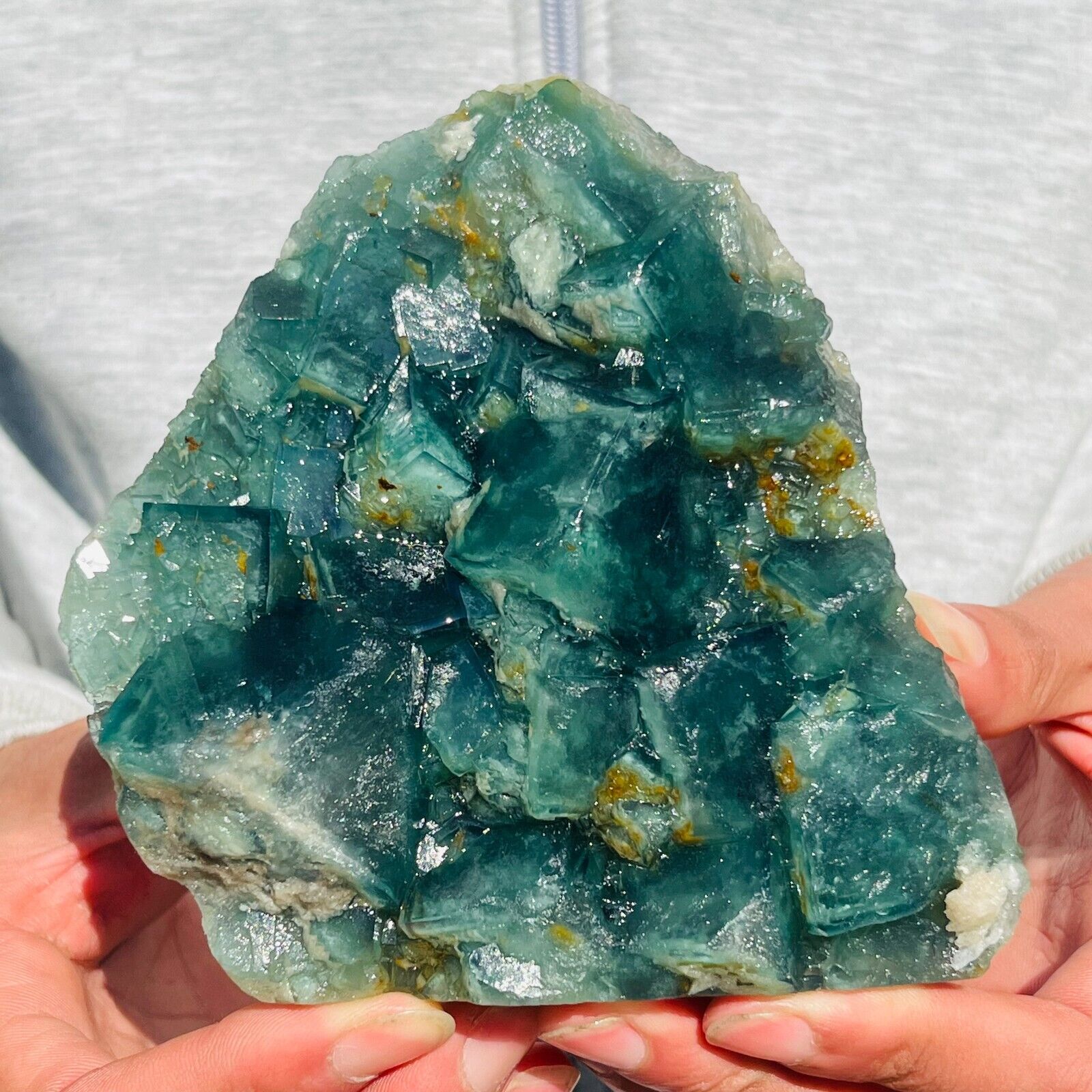730g Rare Transparent Green Cube Fluorite Mineral Crystal Specimen Healing