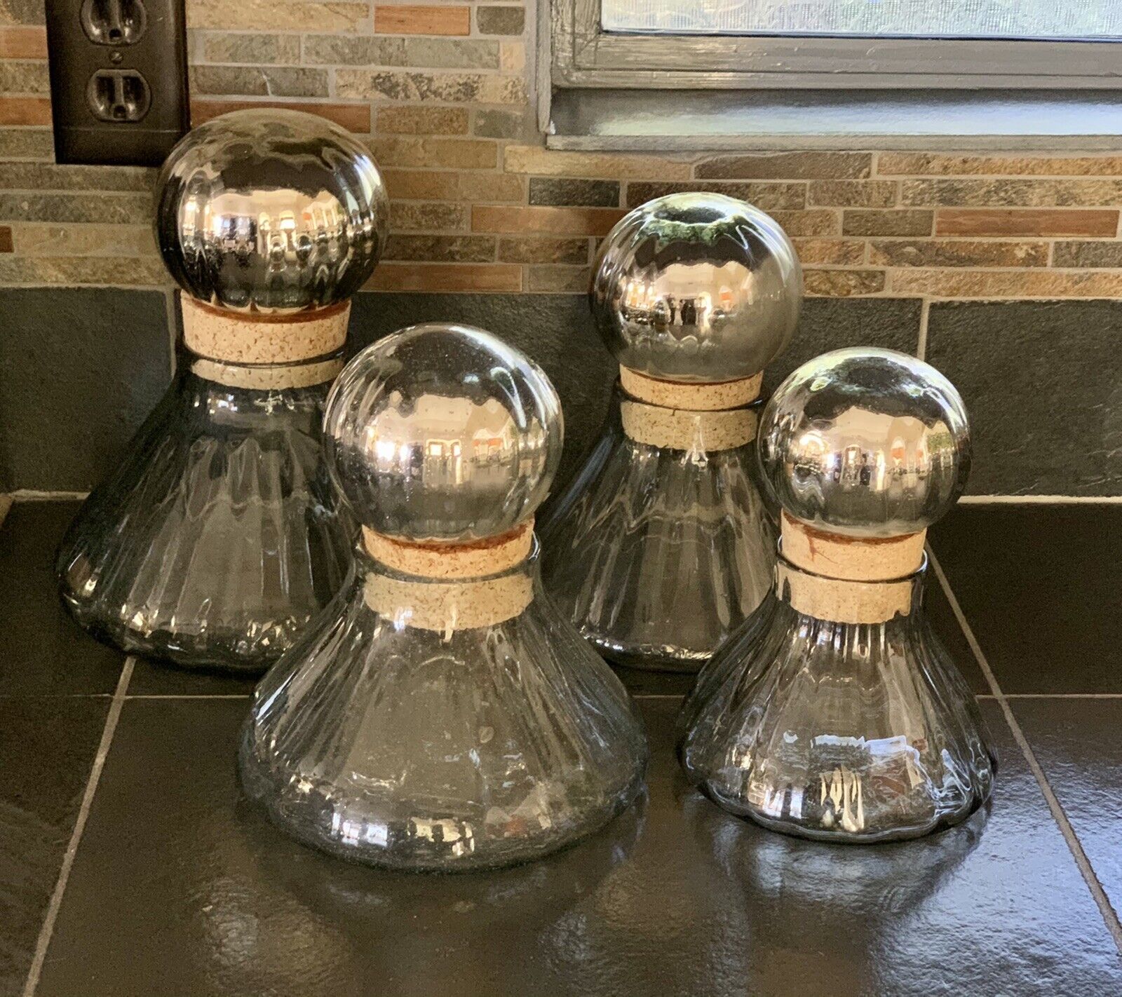 4 Antique Apothecary Glass Storage Jars With Mercury Mirrored Glass n Cork Lids