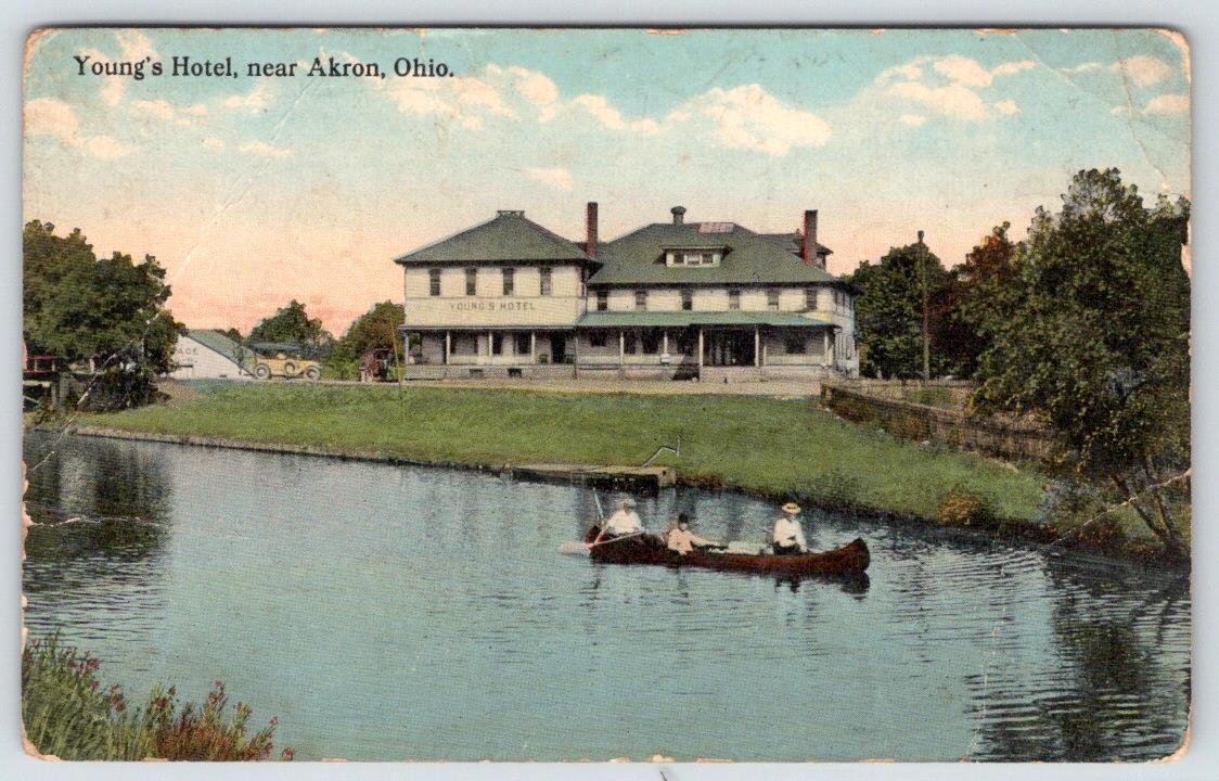 1917 AKRON OHIO YOUNG\'S HOTEL OLD CAR PEOPLE IN CANOE ANTIQUE POSTCARD