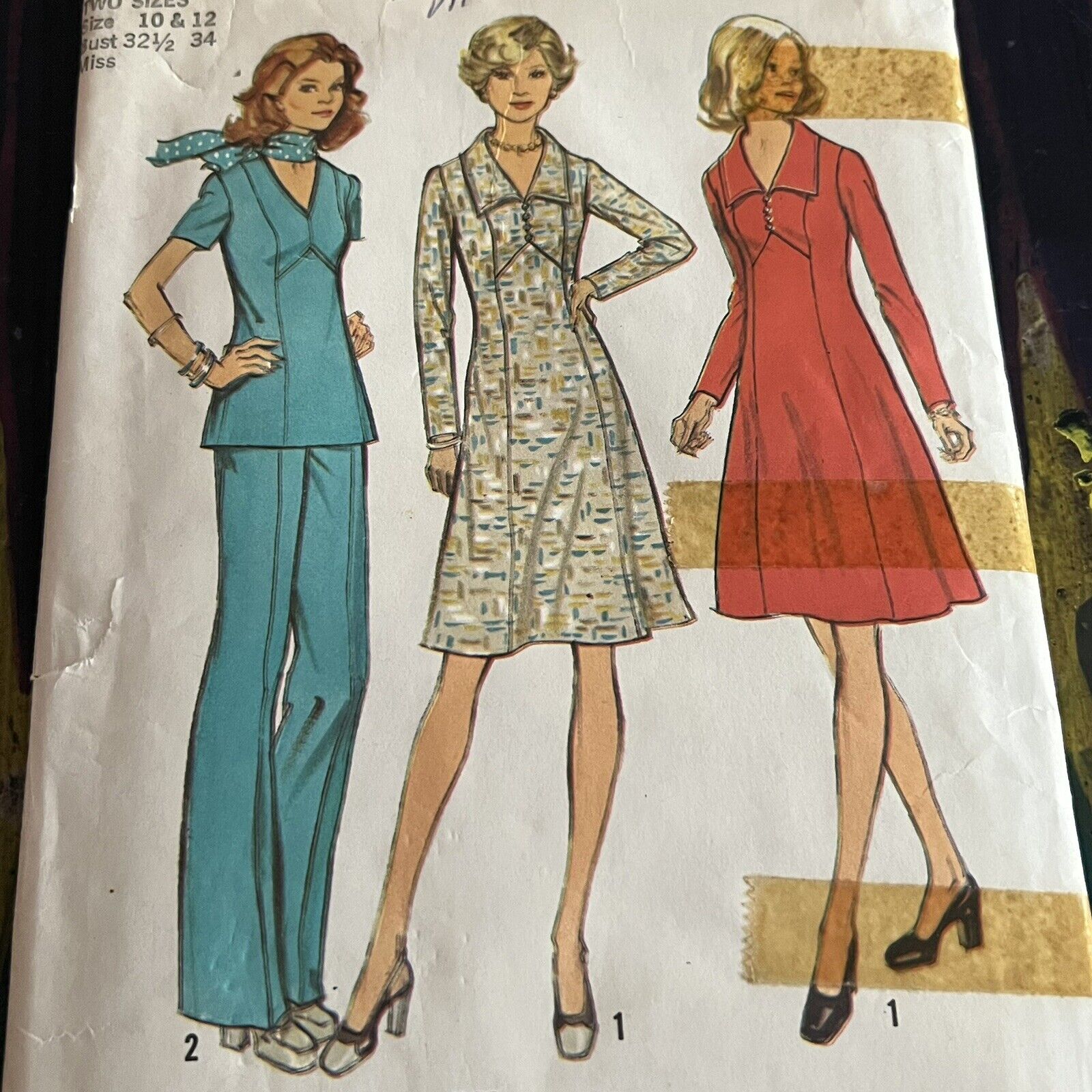 Vintage 1970s Simplicity 6557 Dress or Top + Pants Sewing Pattern 10 12 CUT