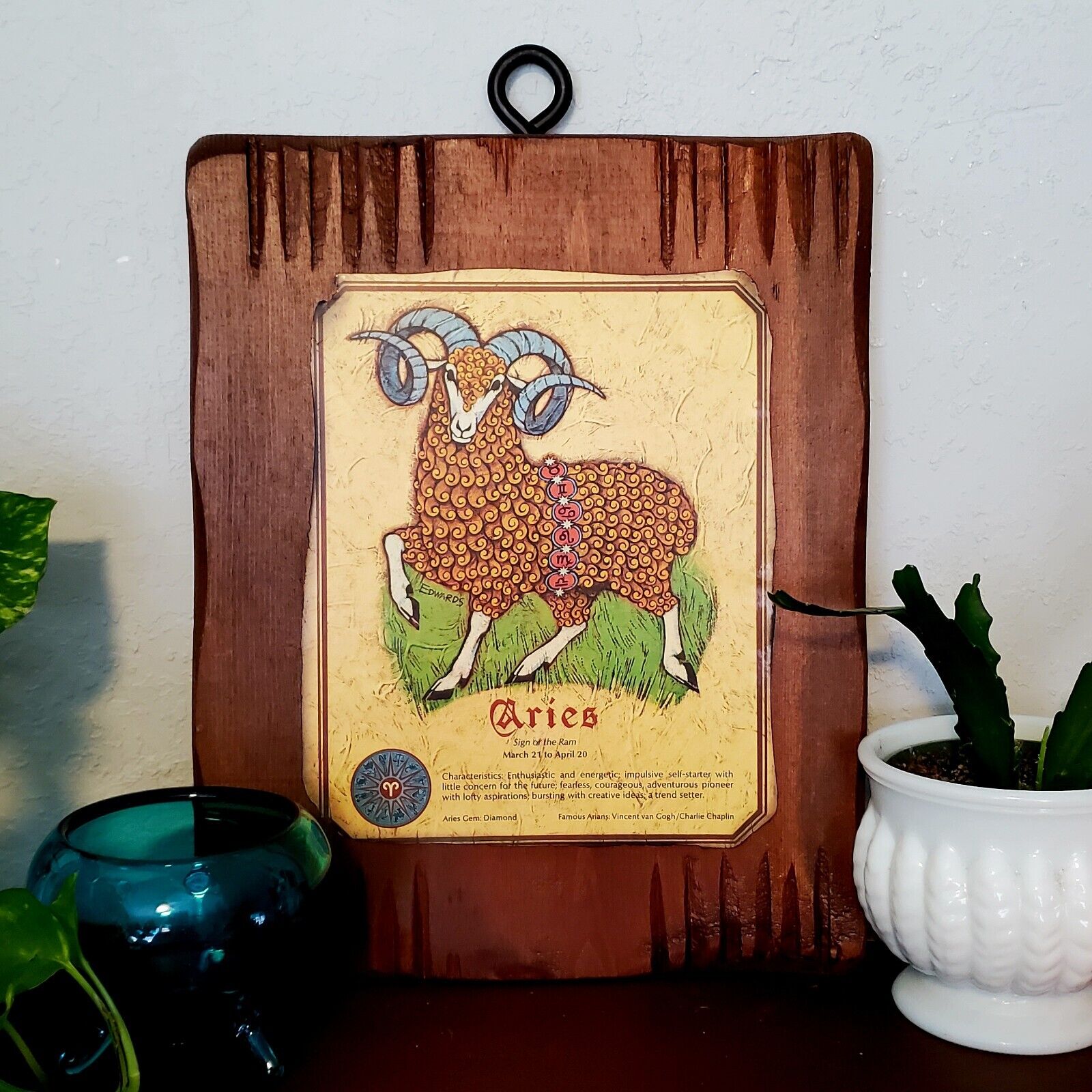 Vintage 1970s Aries Zodiac Wooden Wall Plaque