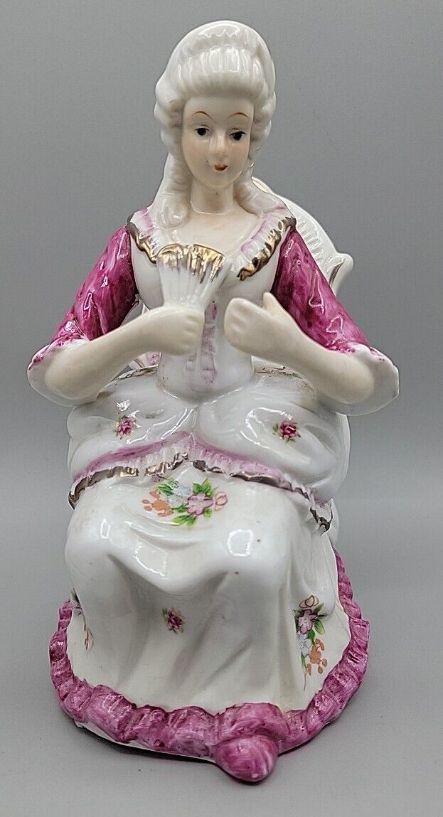 Vintage Victorian Style Figurine Lady Pink Flower Dress Sitting With Fan Germany
