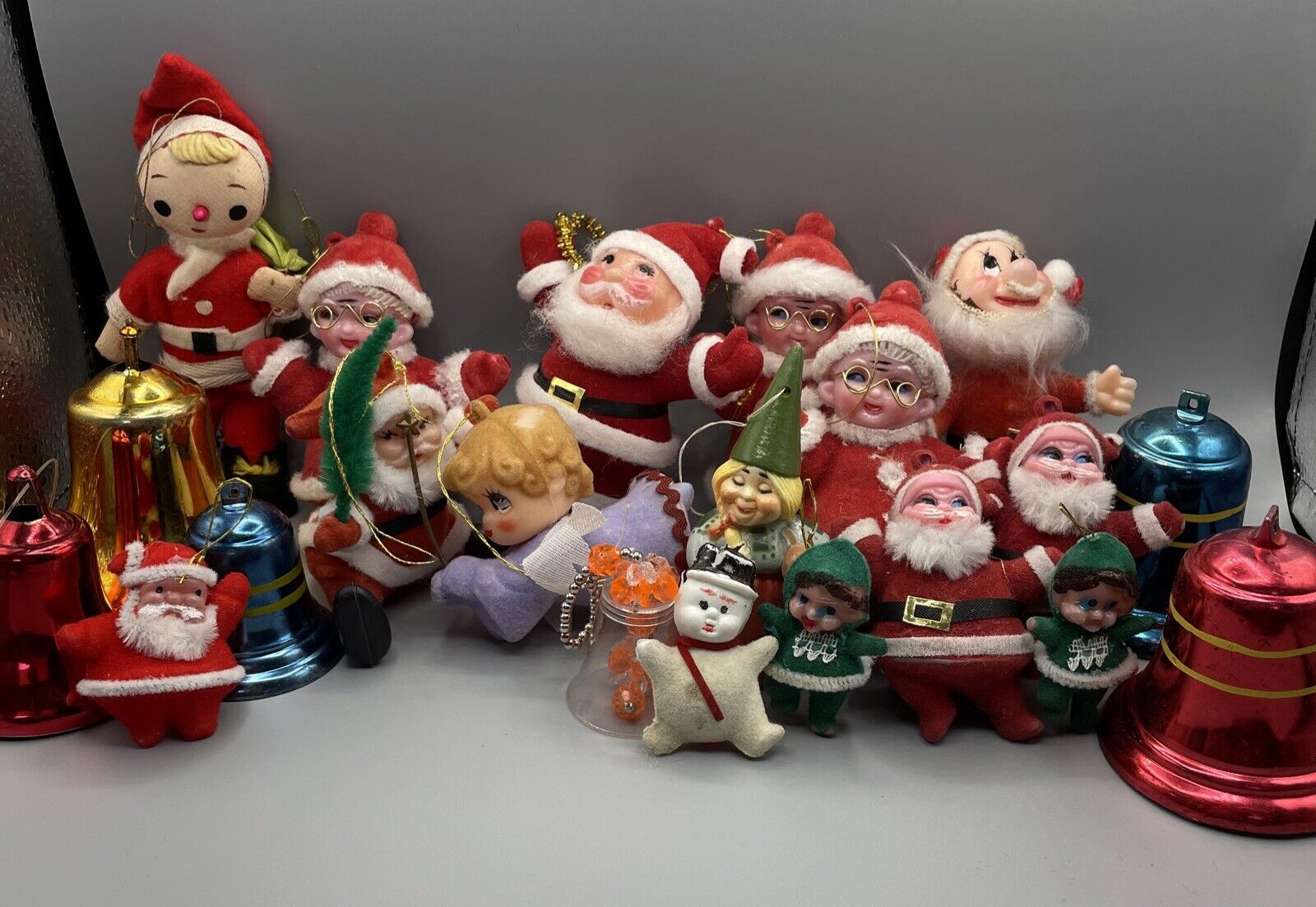Vintage Kitschy Christmas Ornament Lot Santa Bell Angel Elf Flocked Pipe Cleaner