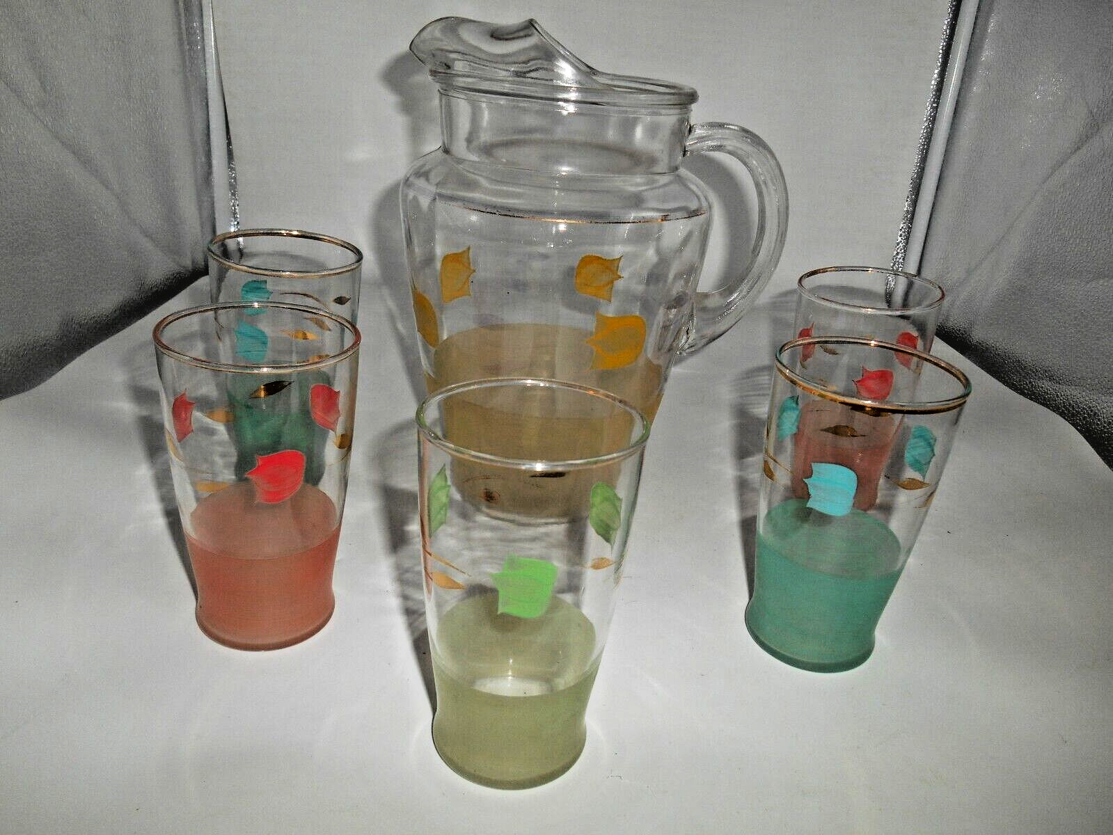 Colorful MCM 64 oz. Pitcher with 5 Matching Tumblers w/Leaf & Flower Accents
