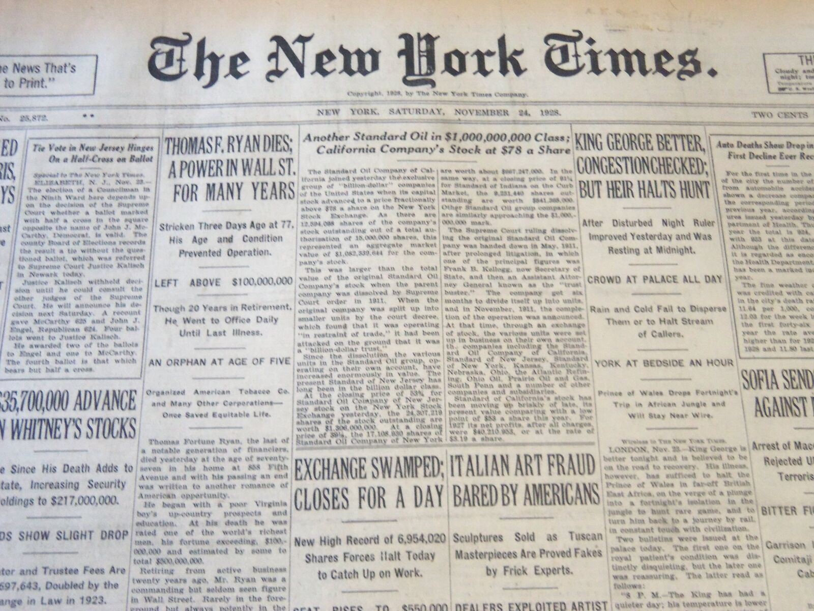 1928 NOV 24 NEW YORK TIMES - THOMAS RYAN A POWER IN WALL STREET DIES - NT 6508